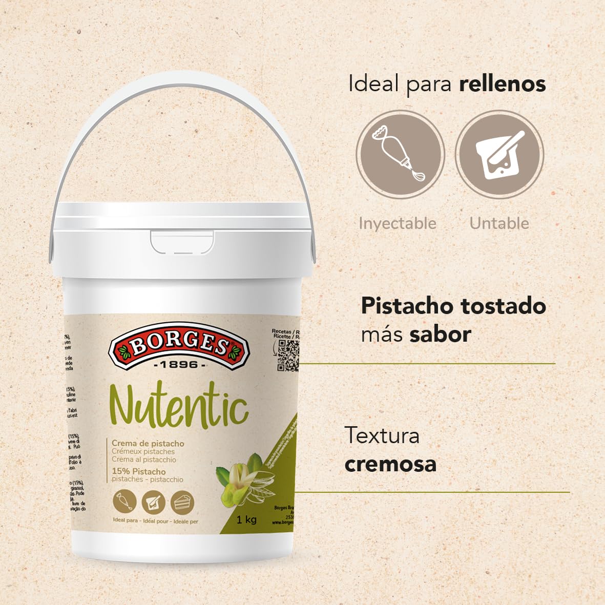 Borges Professional - Crema de Pistacho Nutentic 15% 1kg Sin Gluten, Sin Lactosa, Vegana, Baja en Azúcares, Sin Aceites Tropicales para Repostería