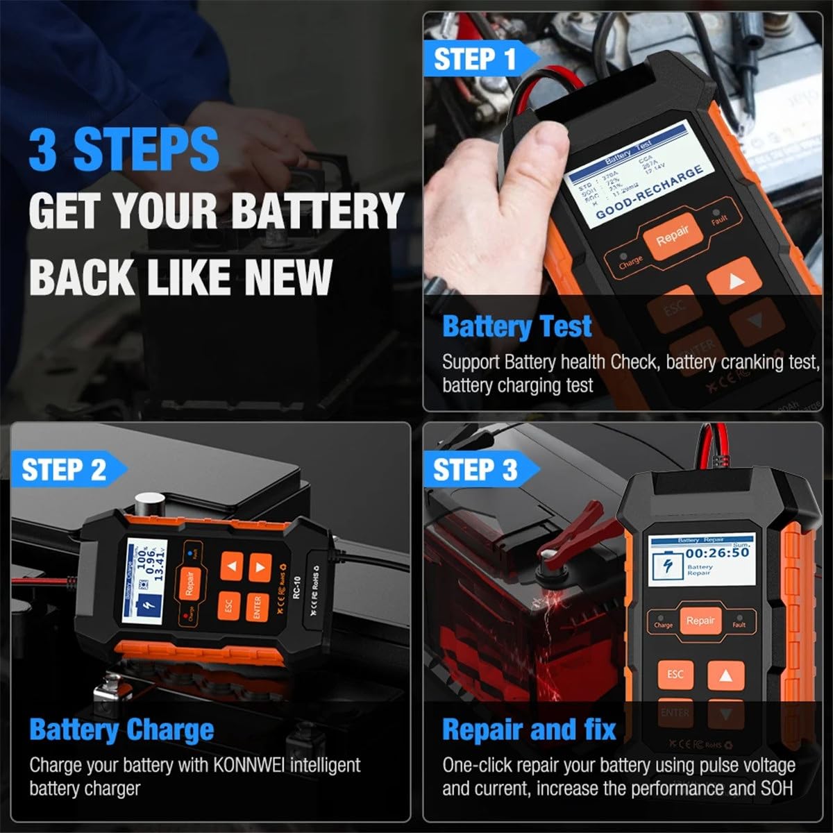 KW520 12V 10A 24V 5A Automatic Car Truck Battery Tester Charger Lead Acid Car Battery Pulse Repair Tool AGM Gel Lithium