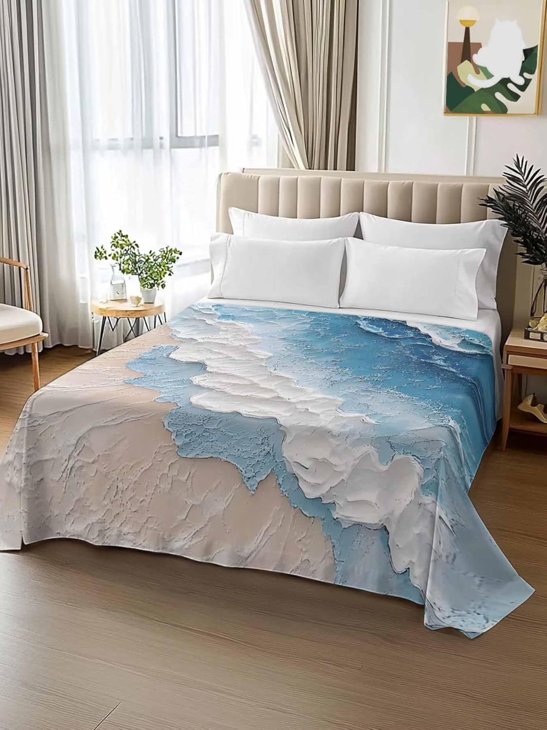 Top Sheet Full Bedding Flat Sheet Only, Watercolor Abstract Beach Blue Ombre Microfiber Bed Sheets Soft Breathable Bedding Flat Sheets, Coastal Theme Oil Painting Hotel Luxury Top Sheets