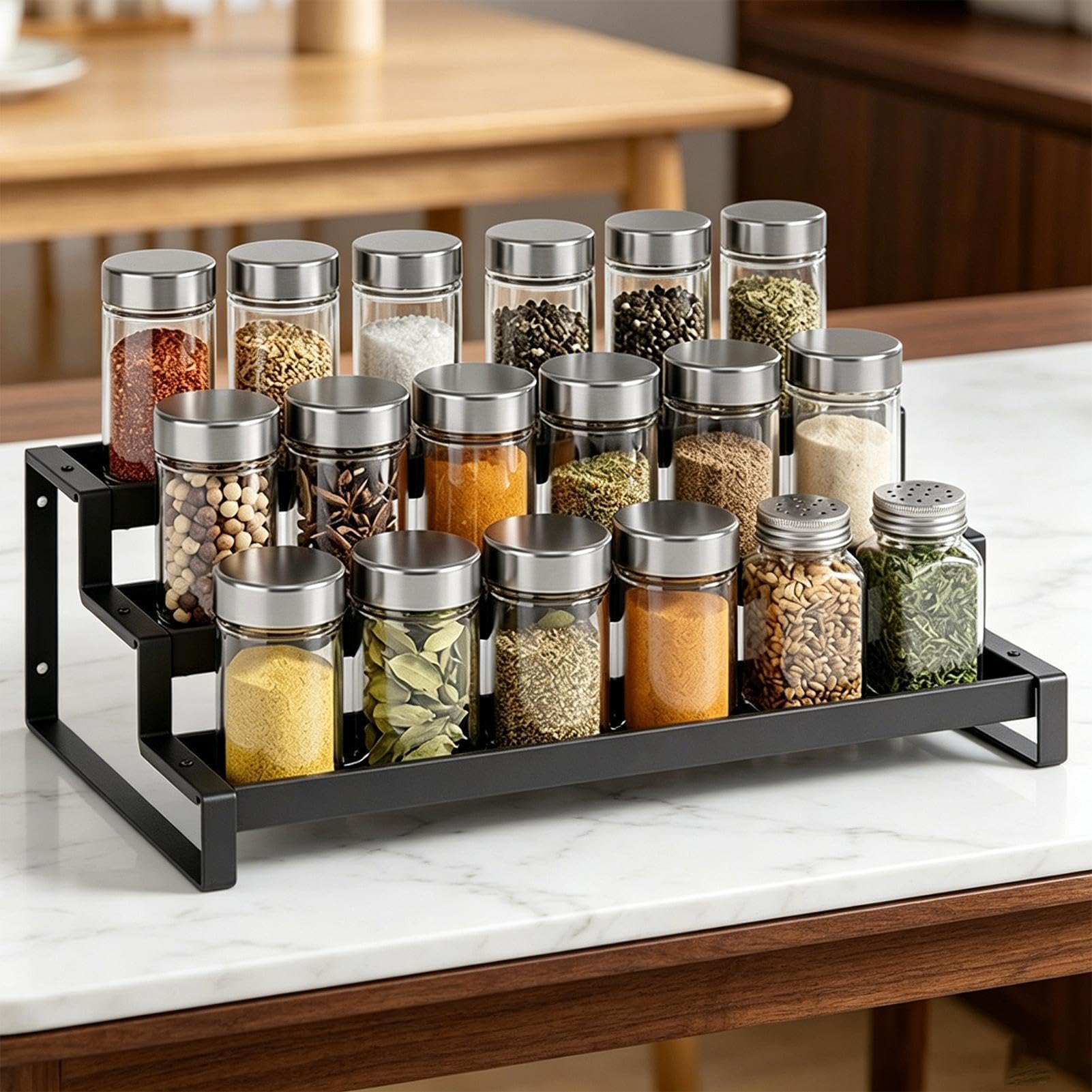 Scaffale per condimenti, espandibile a 3 ripiani, per barattoli di pepe e zucchero, ideale per cuochi domestici, chef, armadietti, dispense, cucina camper, appartamento, sala da pranzo