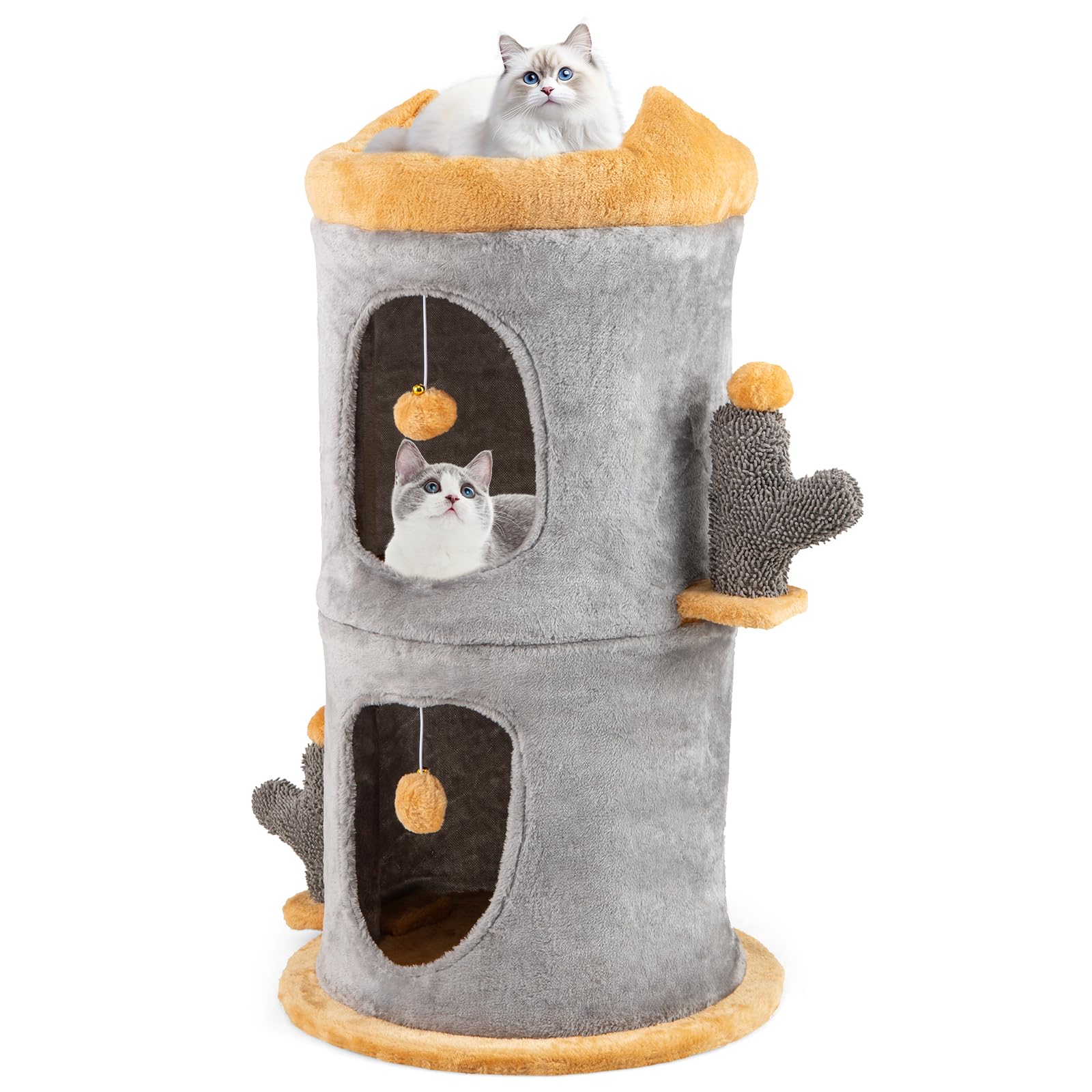 COSTWAY Cat House for Indoor Cats, 3-Layer Cat Cave Bed with 2 Separable Condos, Plush Danging Balls, Barrel-Shaped Kitten Activity Centre