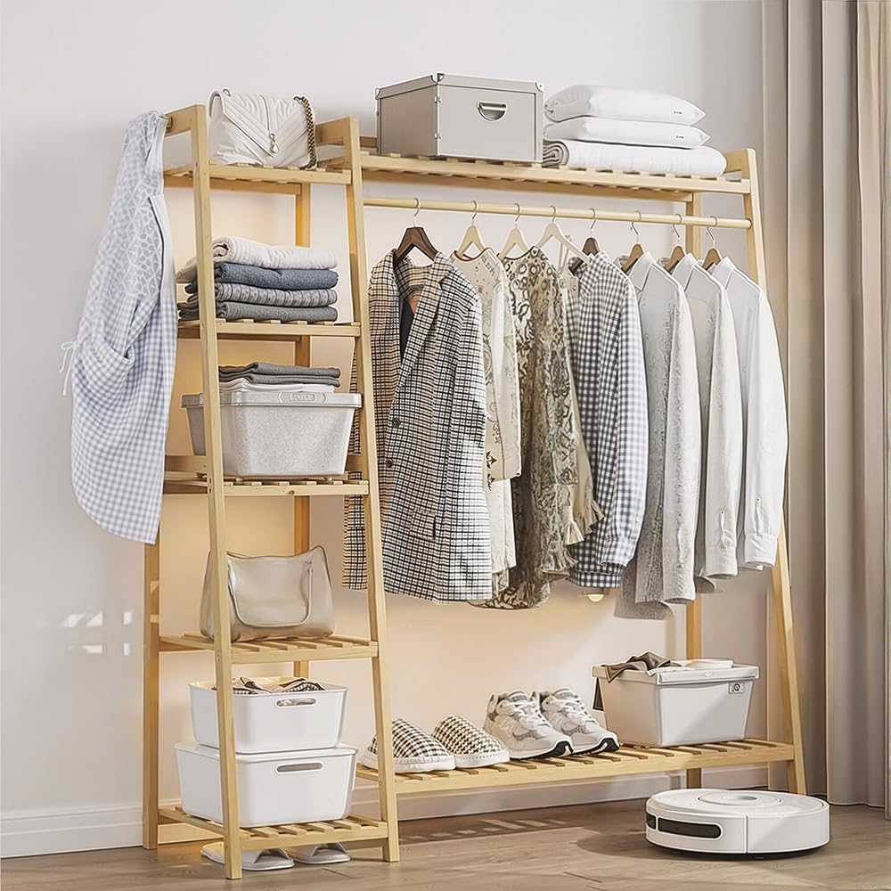 Warmiehomy Wooden Clothes Rail with Hanging Rods & Storage Shelves, Natural