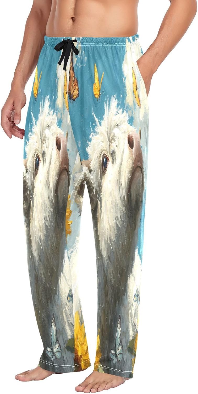 ALAZA Cute Yak Calf Sunflower Butterfly Men's Pajama Pants Men Cotton Pajama Bottoms with Pockets, S