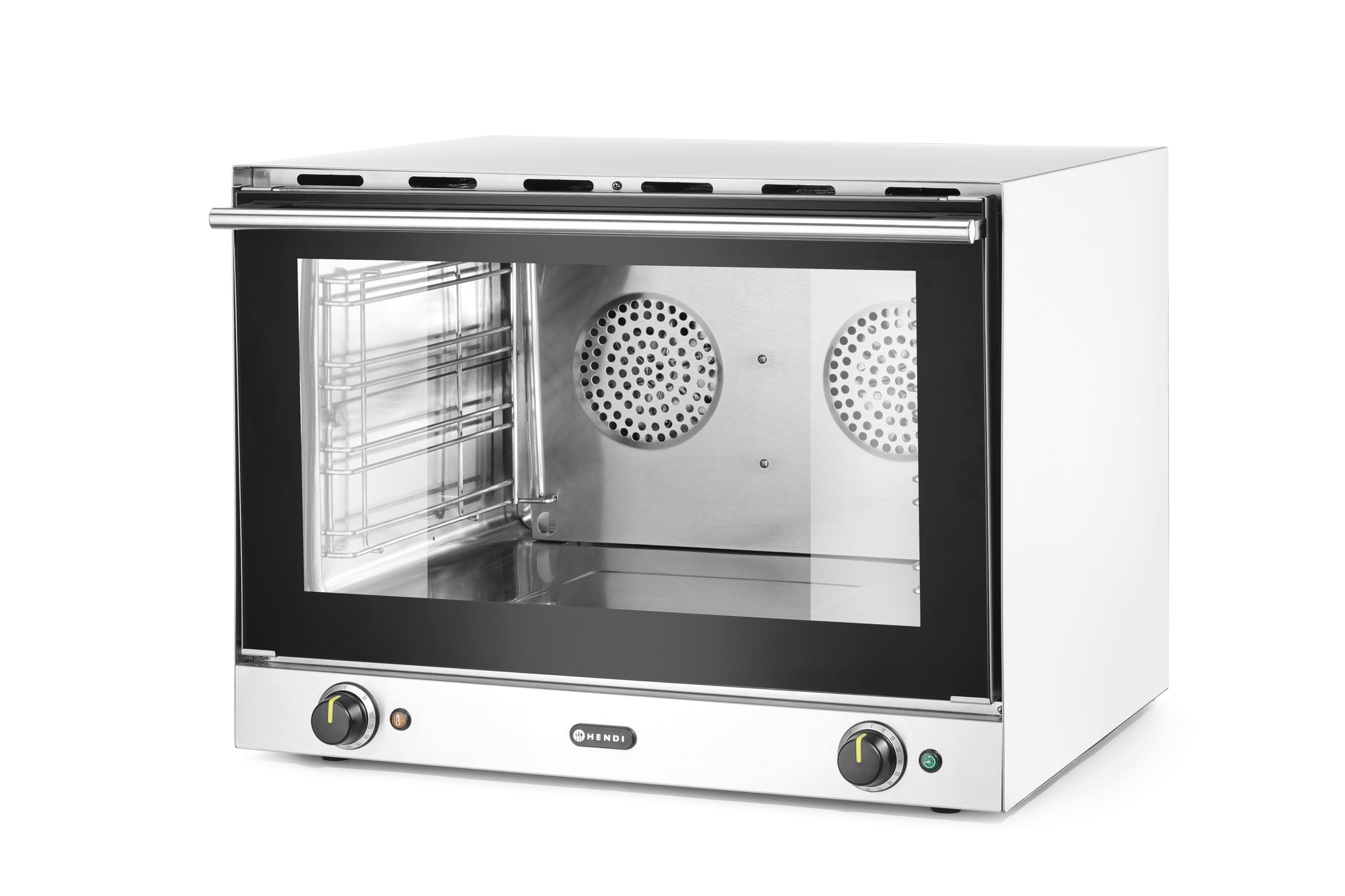 HENDI Horno de Convección H100, 4 Bandejas GN 1/1, Puerta de Doble Cristal Fría al Tacto, Iluminación Interior, Temporizador 0-120 min, 230V/3500W, 699x608x(H)550mm, Acero Inoxidable