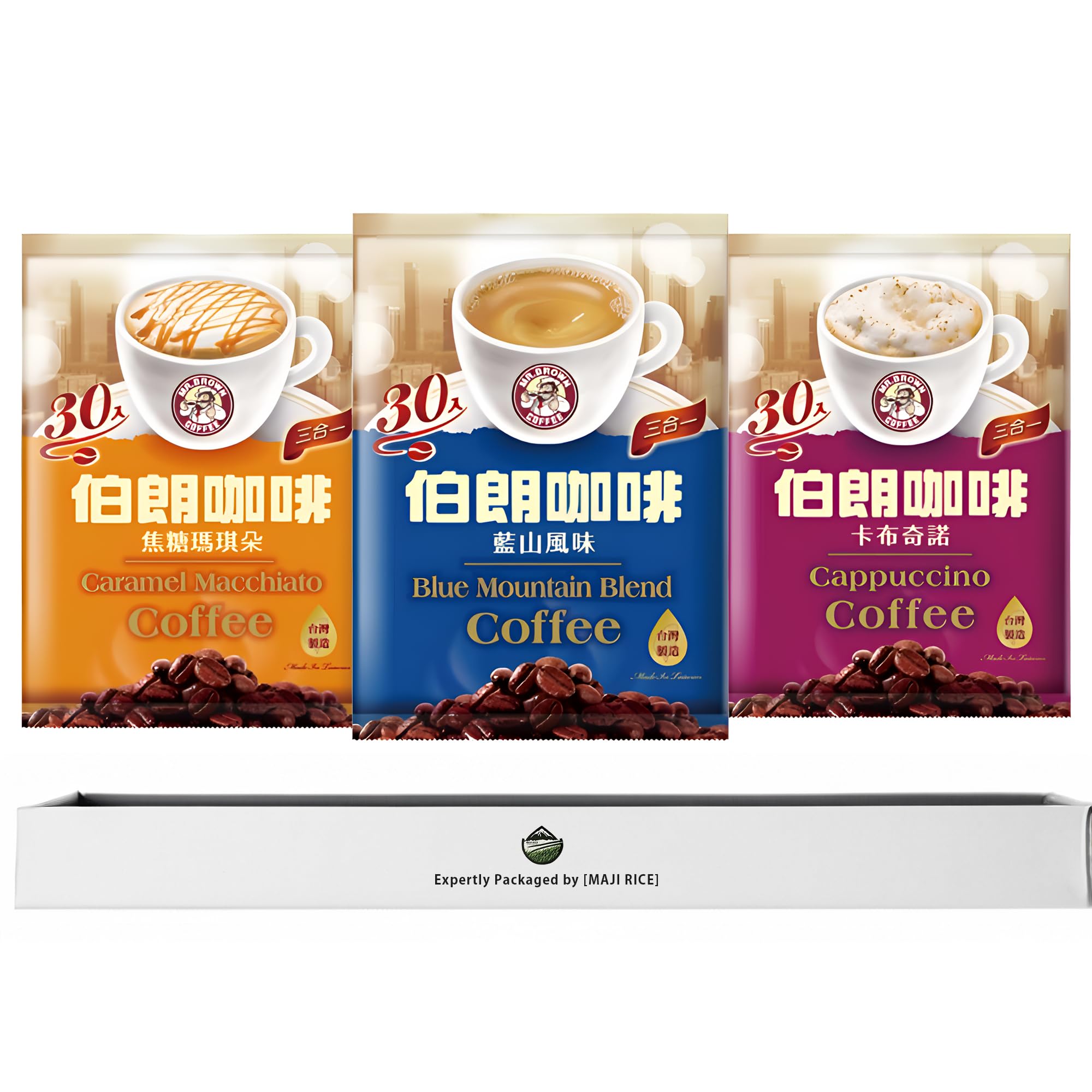 MAJI RICE Mr. Brown Instant Coffee Variety Packs - Blue Mountain, Caramel Macchiato, Cappuccino (Pack of 3, Total 90 Packets)