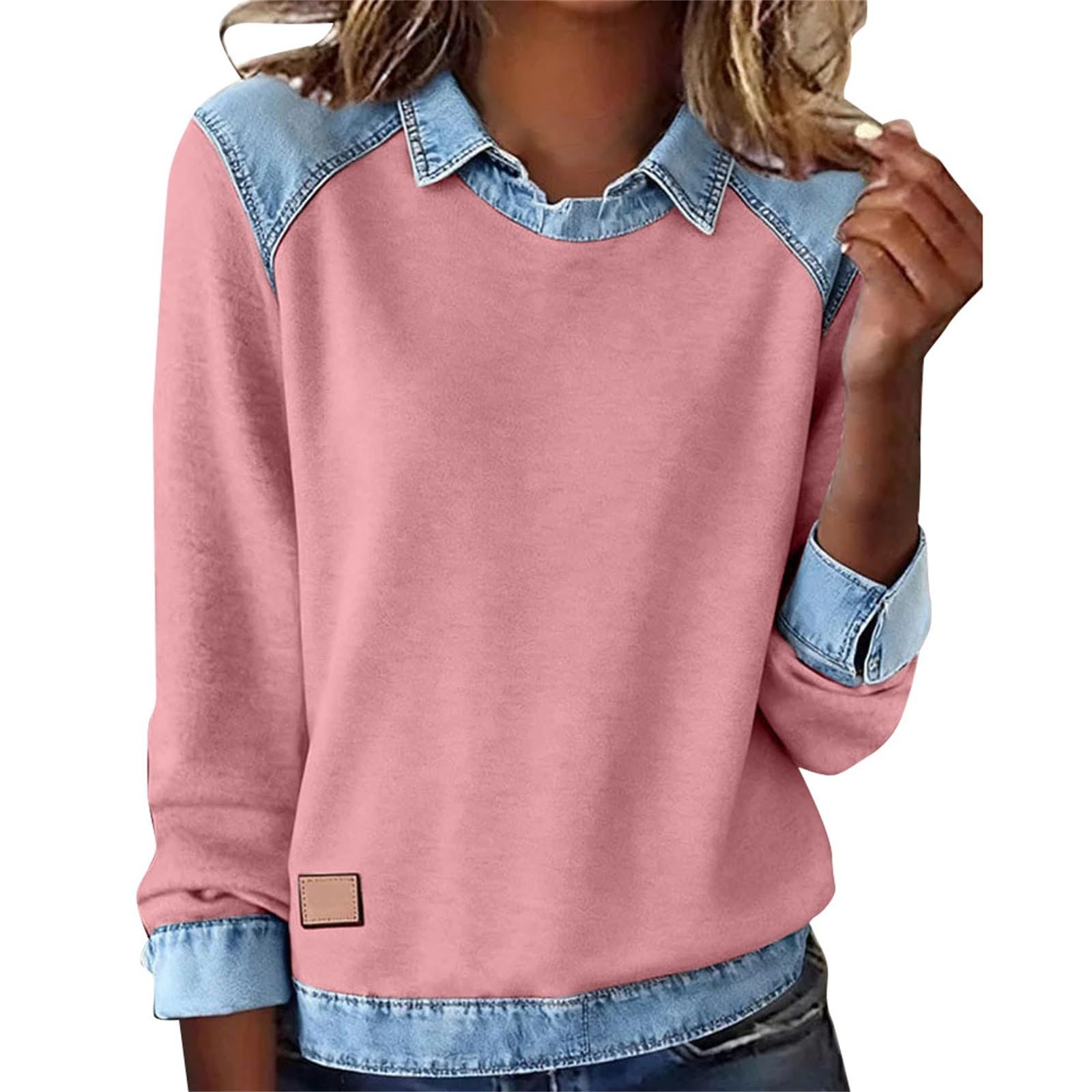 Sweater with Denim Collar Cuffs Long Sleeve Henley Neck Tops Casual Lightweight Knit Pullover Quiet Luxury Clothes