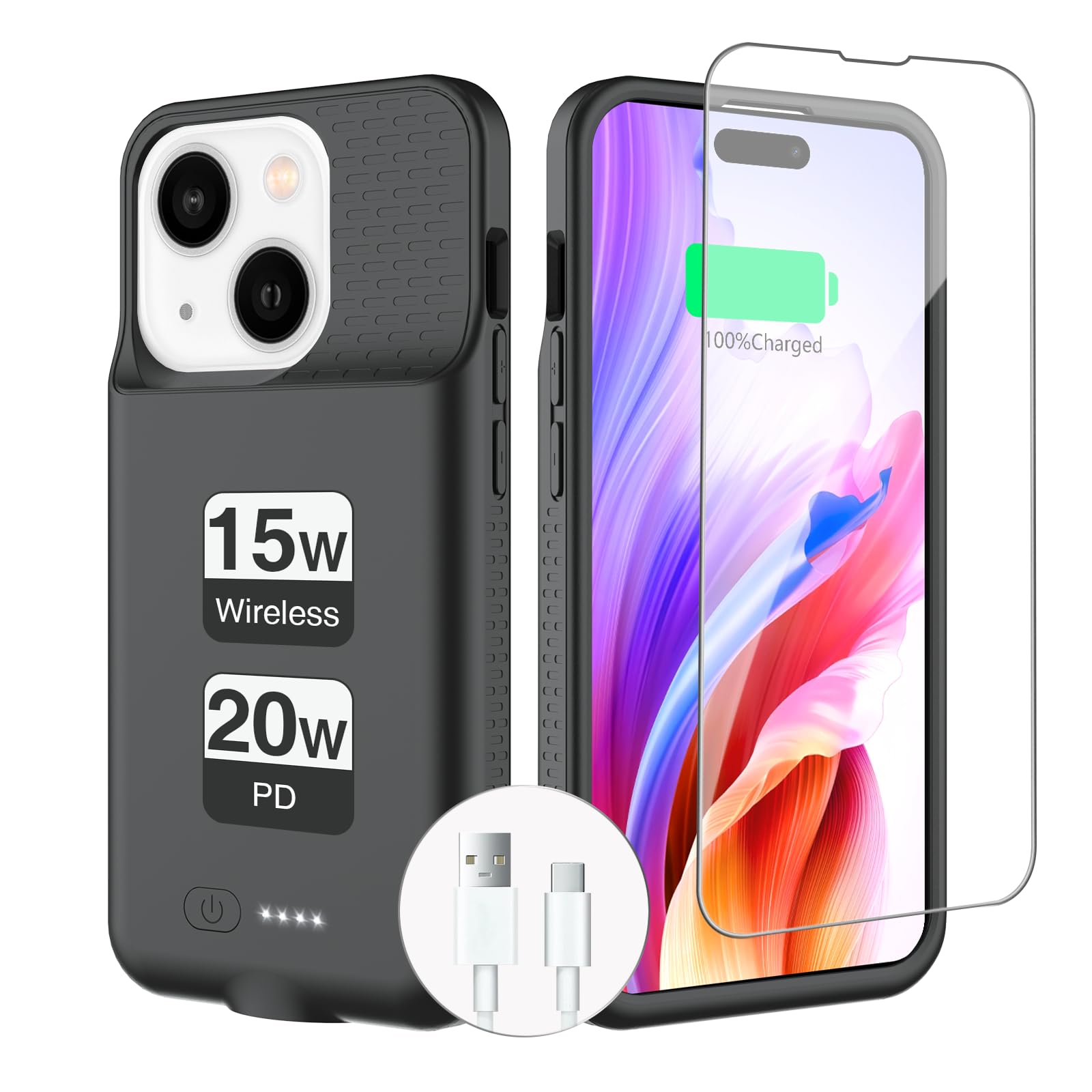 GIN FOXI 15W Wireless Battery Case for iPhone 15/15 Pro/14/14 Pro/13/13 Pro, Ultra-Slim Wireless Charging Extend Rechargeable Anti-Fall Soft-TPU Charger Case 18W Input & 20W Output Charging Case-6.1