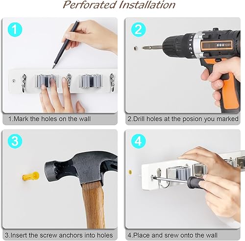 Miniatura 7 de OUTNILI Soporte de pared negro para escoba de fregona con 4 ranuras y 4 ganchos, colgador de escoba de madera rústica para despensa, armario,