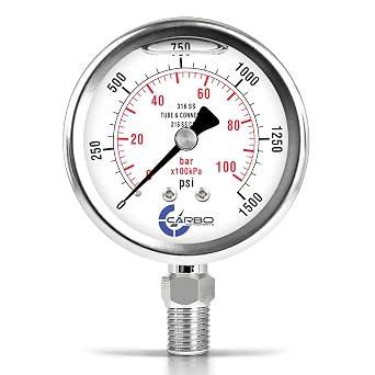 2 1-2" Pressure Gauge, All Stainless Steel Wetted Parts, Case, Connection, Liquid Filled, 0-1500 psi/kPa, Lower Mount 1/4" NPT