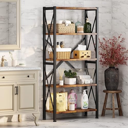 Miniatura 7 de Estantería de 5 niveles, estantería de madera, estante para libros con marco de acero, estante de almacenamiento con estantes abiertos, estantes