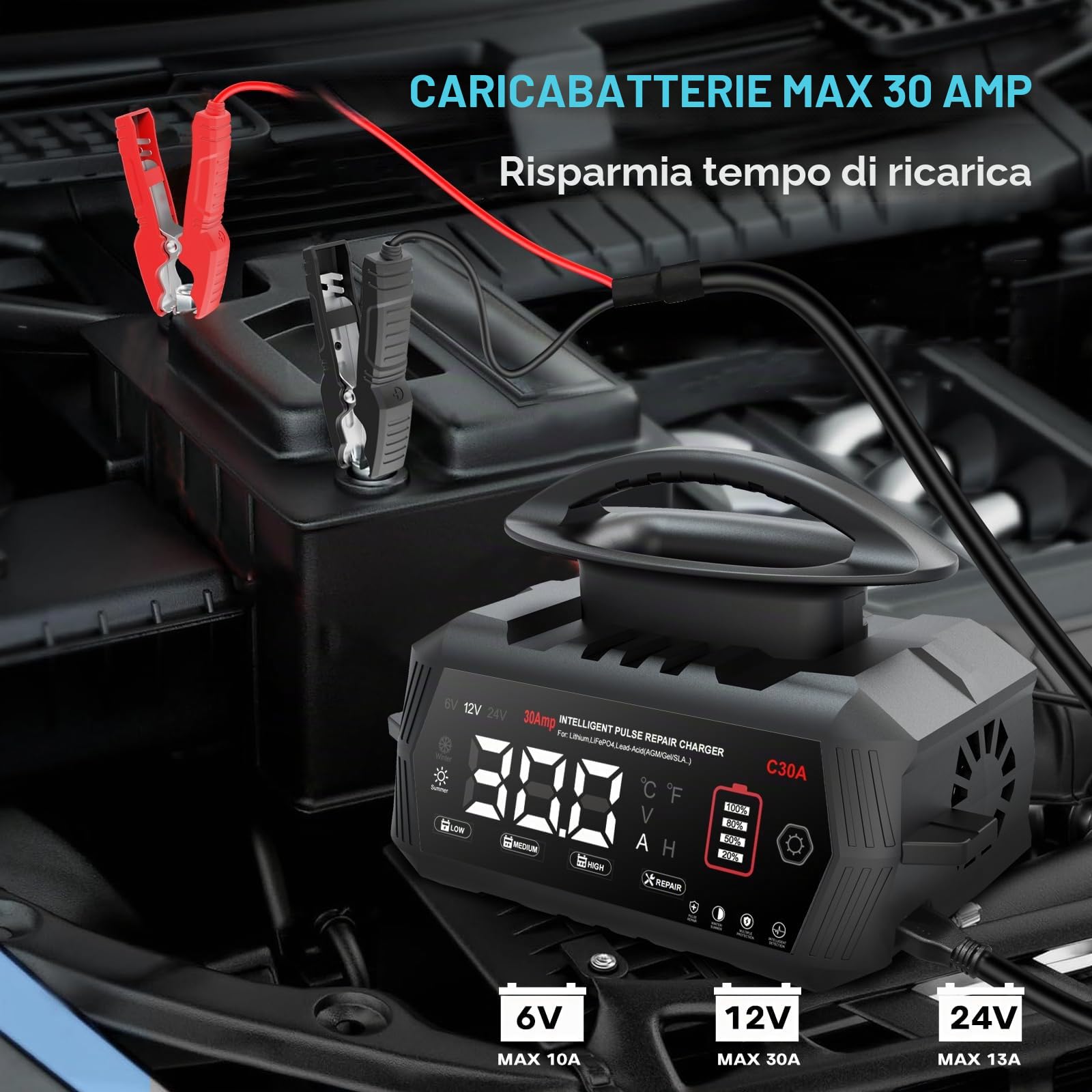 Caricabatterie per auto da 30 A, Haisito 6 V/12 V/24 V, caricabatterie e supporto per AGM, Gel, SLA, EFB e LiFePO4, caricabatterie automatico a 9 livelli con display LCD per auto, moto