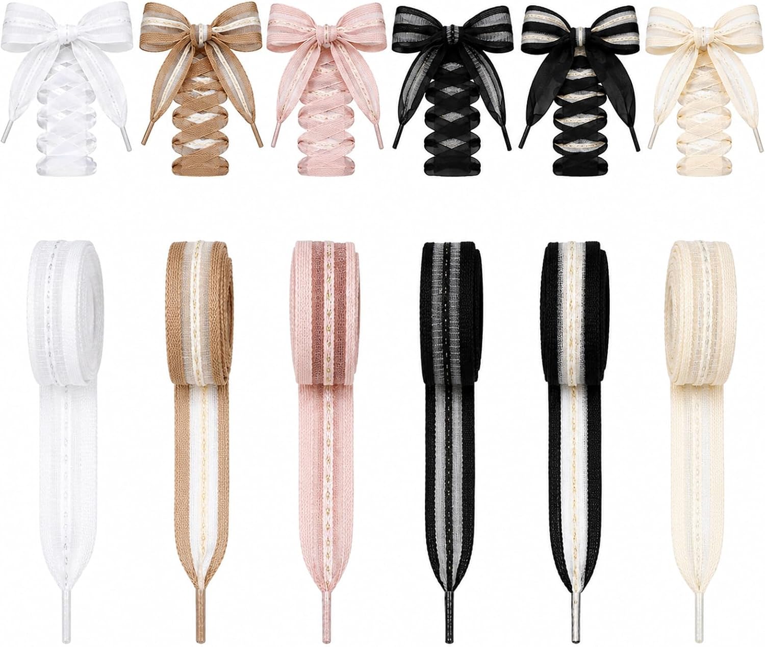 6Pairs Ribbon Lace Shoe Laces for Women Sneakers, Sheer Ribbon Shoelaces Flat Cute Shoe Laces Colorful Replacement Yarn Strings for Shoes Decoration and DIY Crafts