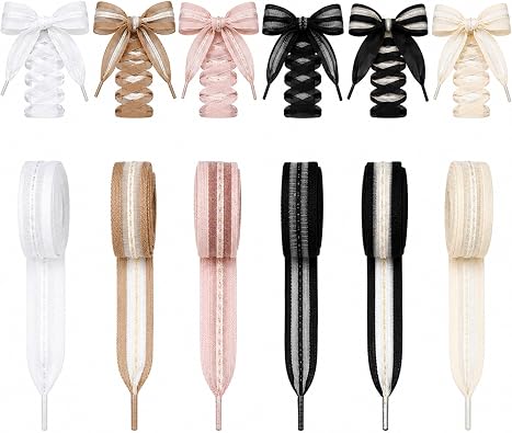6Pairs Ribbon Lace Shoe Laces for Women Sneakers, Sheer Ribbon Shoelaces Flat Cute Shoe Laces Colorful Replacement Yarn Strings for Shoes Decoration and DIY Crafts