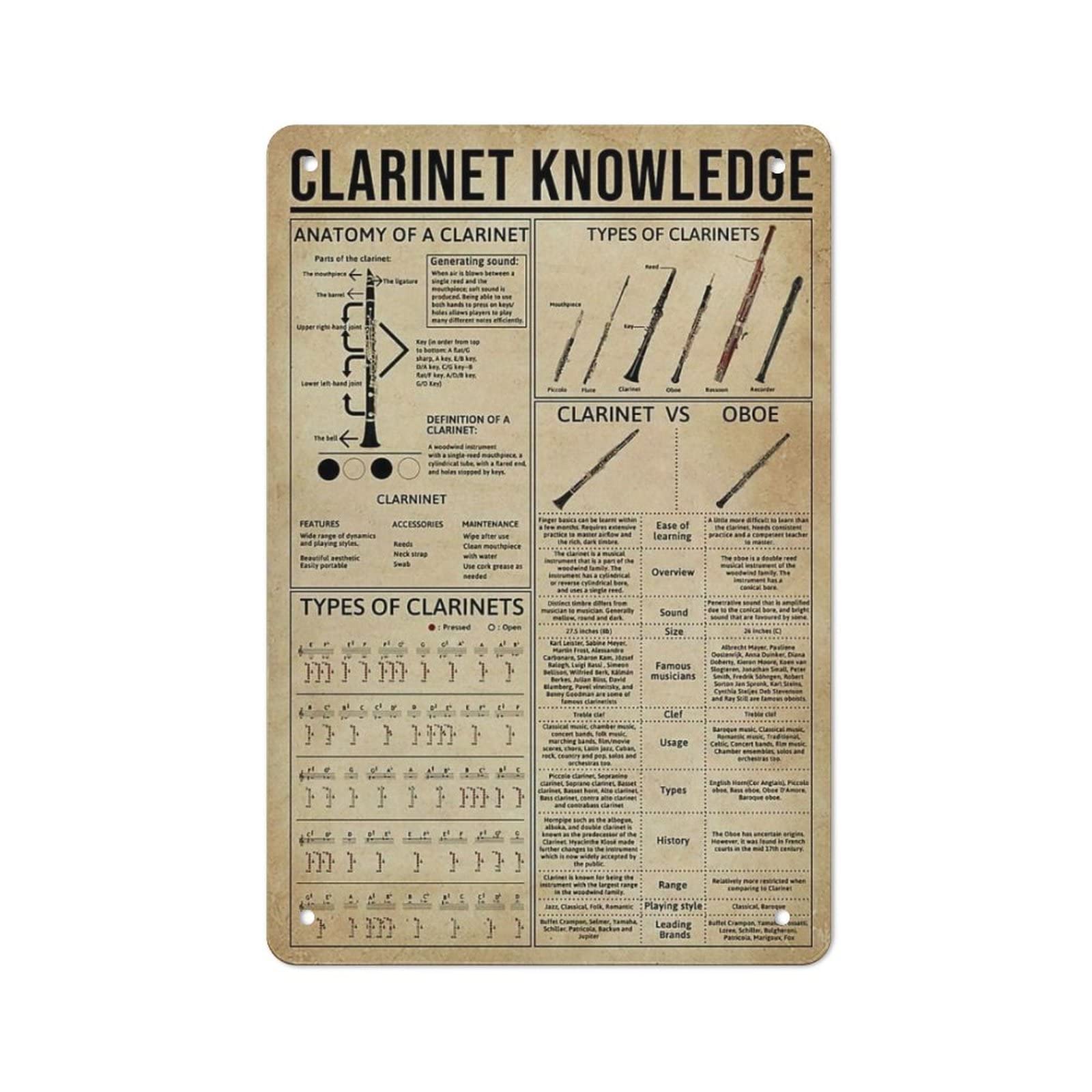 AOOEDM Clarinet Knowledge Wall Metal Tin Sign for Home Bar Pub Kitchen Wall Art Deocr Man Cave Vintage Metal Sign Poster Plaque Signs Quotes Sign