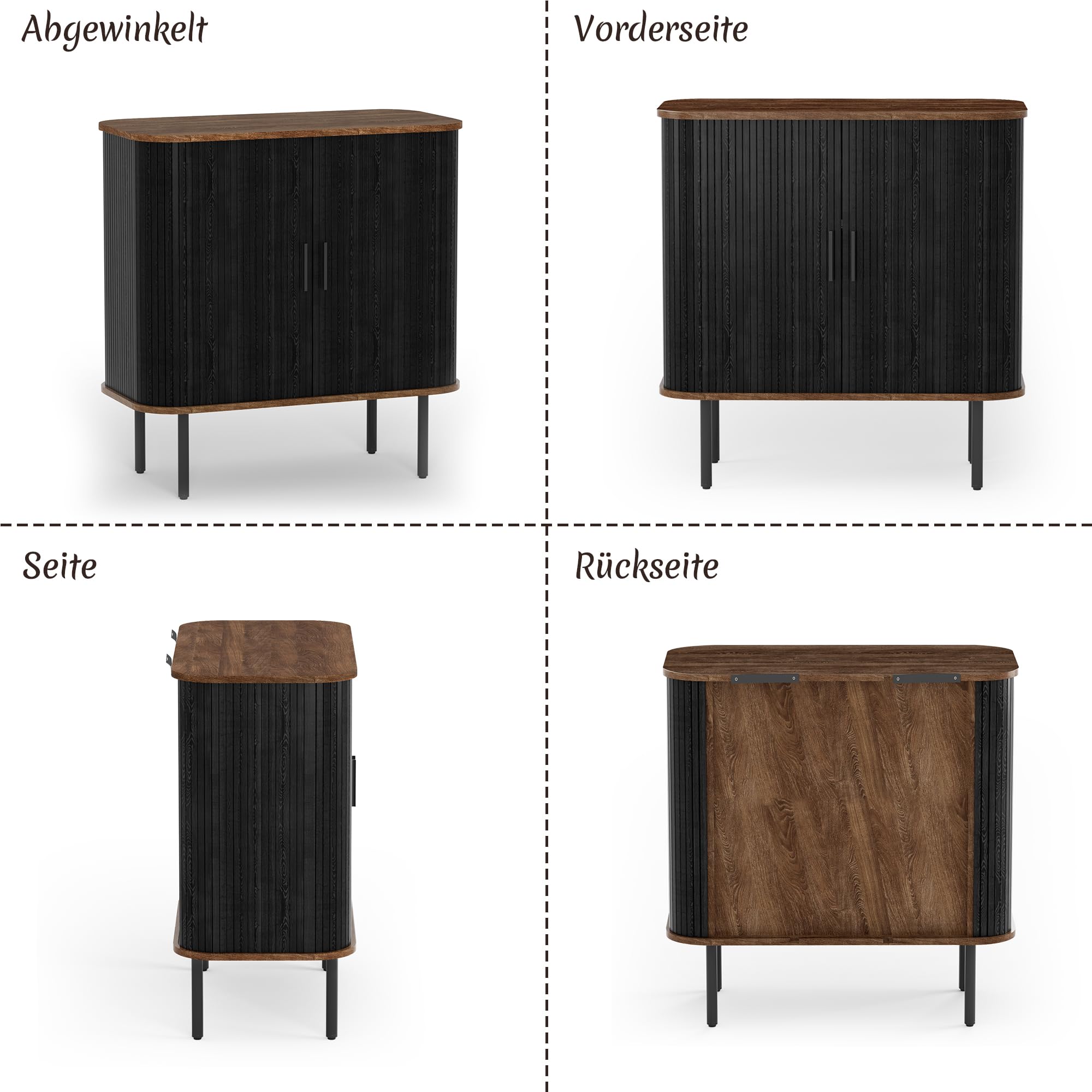 BonVache Sideboard, Buffet-Aufbewahrungsschrank für Wohnzimmer, Küchenschrank mit Tambour Schiebetür, Aufbewahrungseinheit für modernes Zuhause Esszimmer, Schwarz Braun