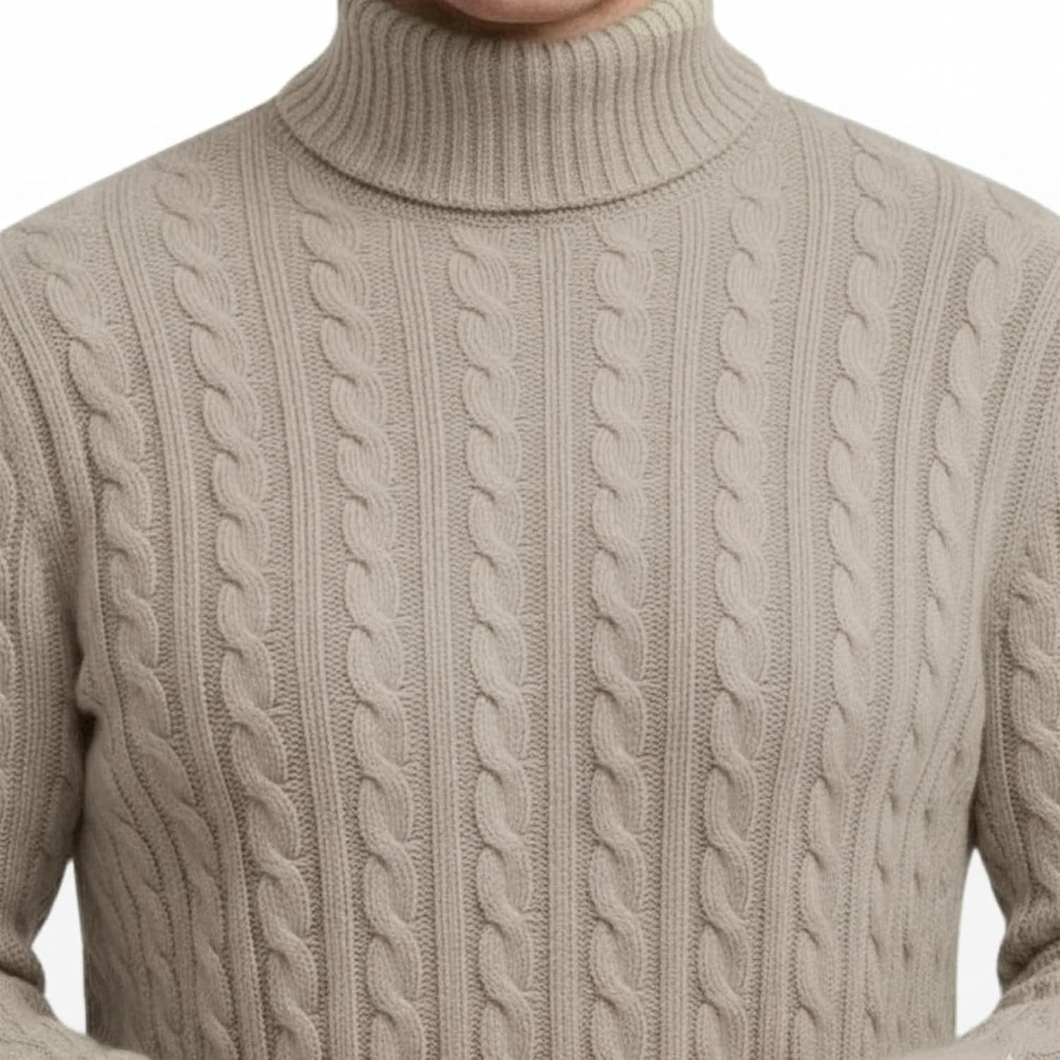 Janisramone® Mens High Polo Roll Neck Jumper, Long Sleeve Cable Knitted Pullover Mens Sweater, Casual Turtle Neck Jumper Stone