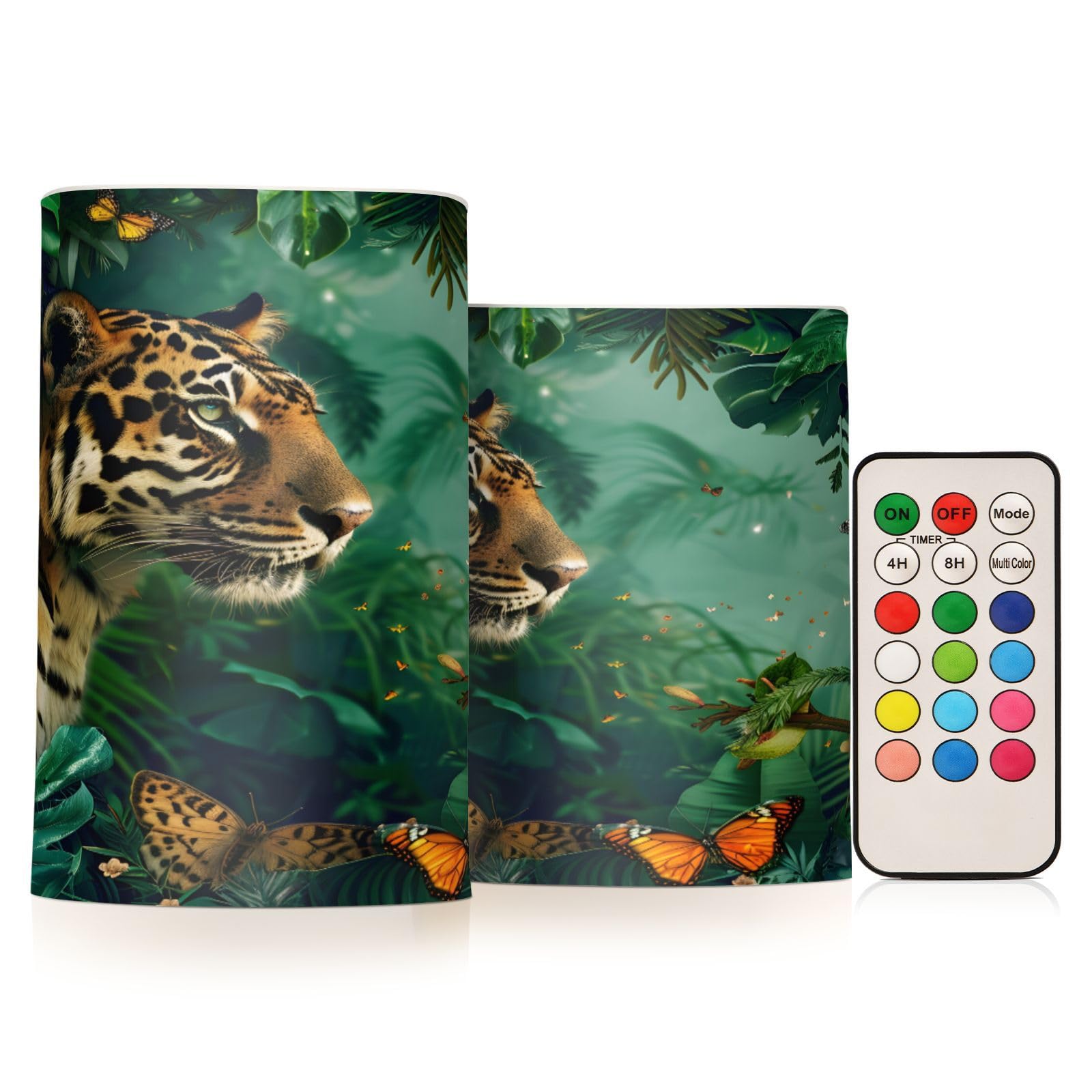 Mnsruu Flickering Flameless Candles Tiger Forest Butterfly LED Candles with Remote Timer Set of 2 Battery Operated Candle Home Decoration