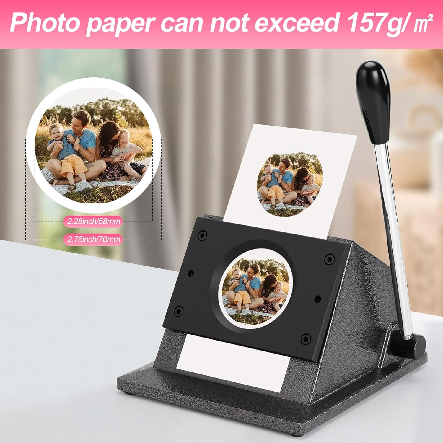 2.28x2.28in Round Fridge Magnets Badge Maker Machine DIY Photo Refrigerator Sticker Magnet Press Machine+Paper Cutter+100pcs Materials (Pink)