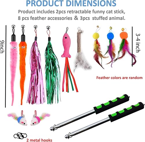 Miniatura 6 de Whefory Juguete retráctil para gatos, varita de juguete para gatos de interior, caña de pescar para gatitos con 11 recambios (plumas y ratones)