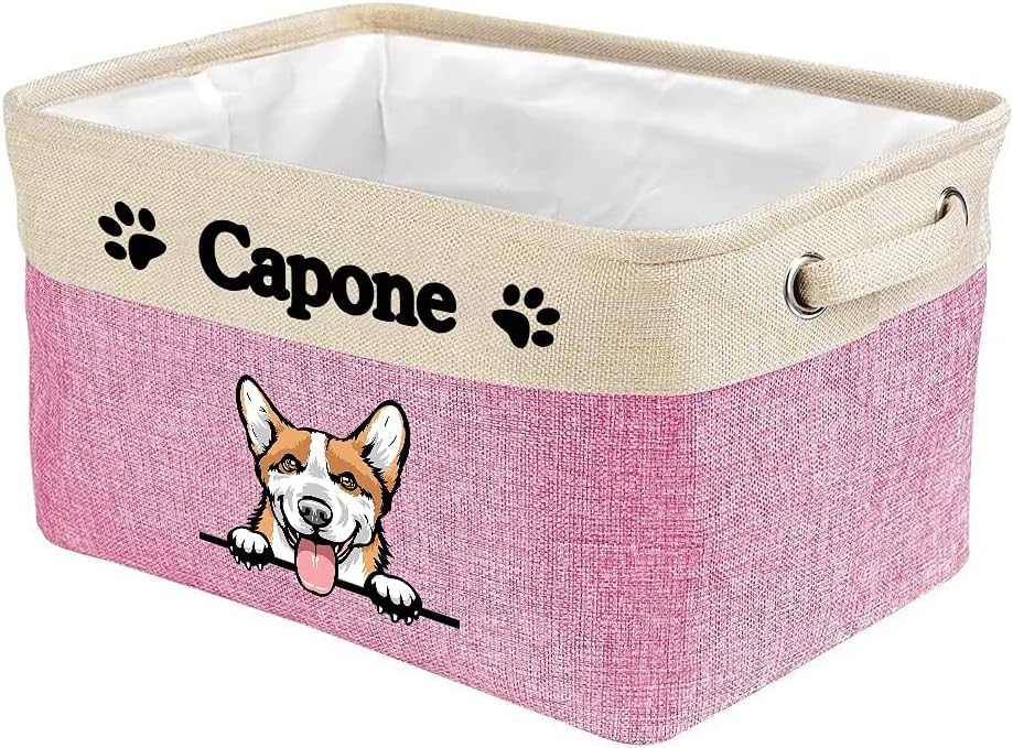 Personalized Fabric Dog Toy Storage Basket with Lovely Dog Pembroke Welsh Corgi Collapsible Sturdy Fabric Pet Toys Storage Bin Cube with Handles for Organizing, Pink and White
