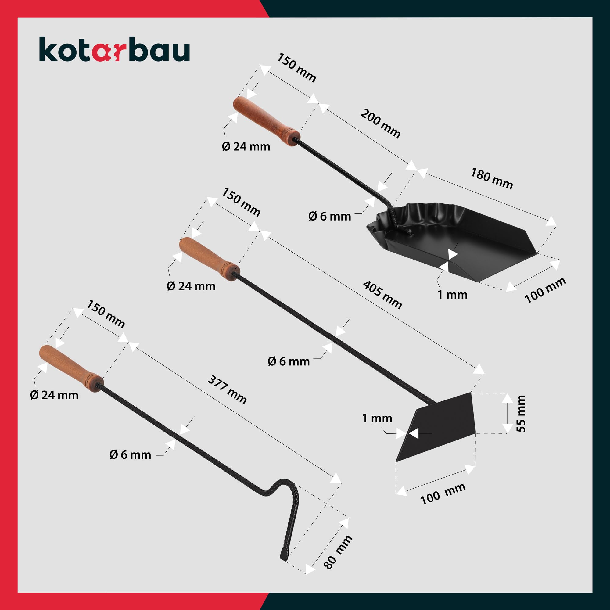 KOTARBAU® Kaminbesteck 4er Set mit Ascheeimer Schürhaken Besen Schaufel mit Holzgriff Kamingarnitur Ofenbesteck Kaminzubehör Pulverbeschichtetes Metall Braun und Schwarz
