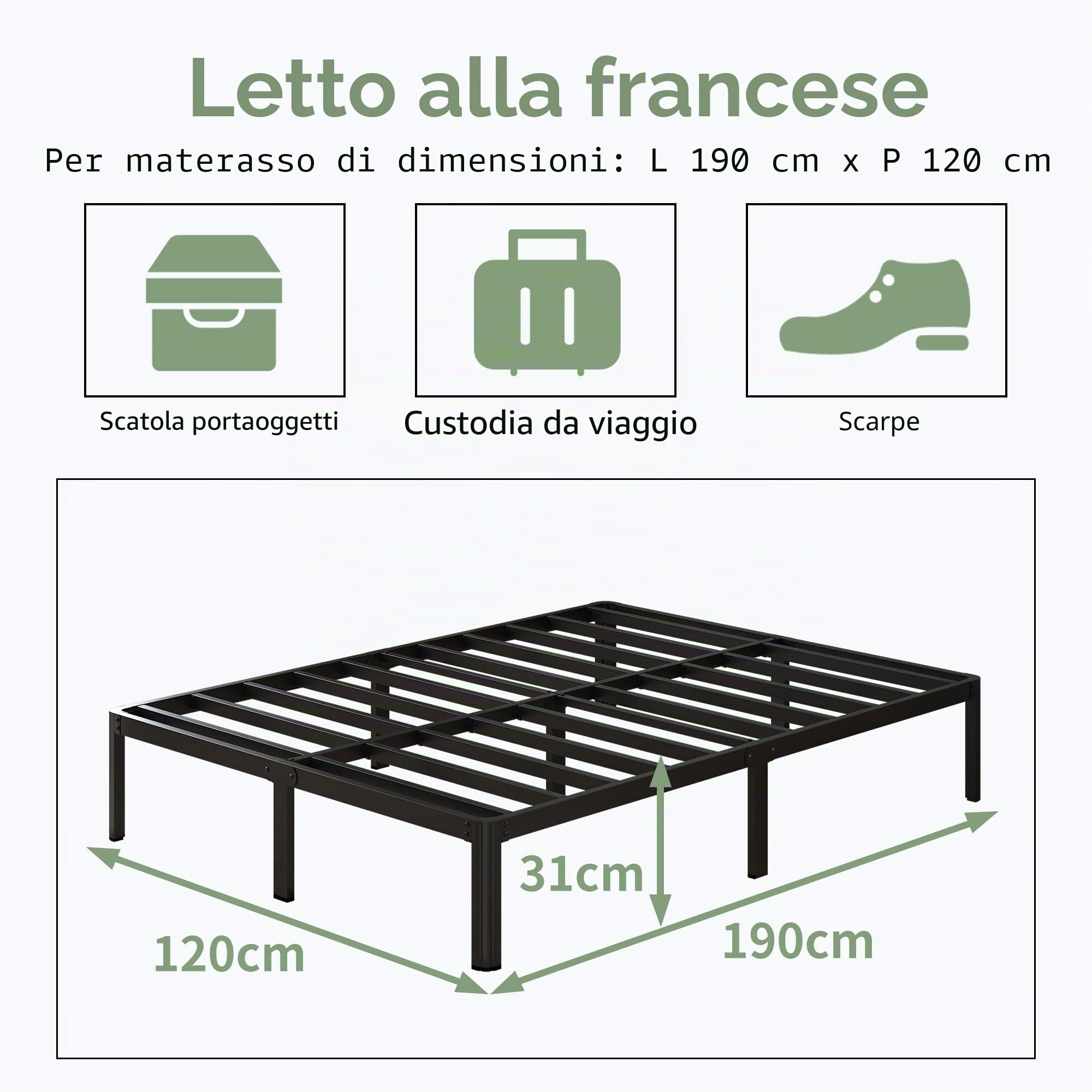 Lutown-Teen Letto 120x190 cm con Rete a Doghe, Struttura Letto Alta 30 cm con Gambe ad Angolo Curvo, Rete una Piazza e Mezza in Ferro, Spazio Aggiuntivo Sotto, Montaggio Facile, Silenzioso, Nero