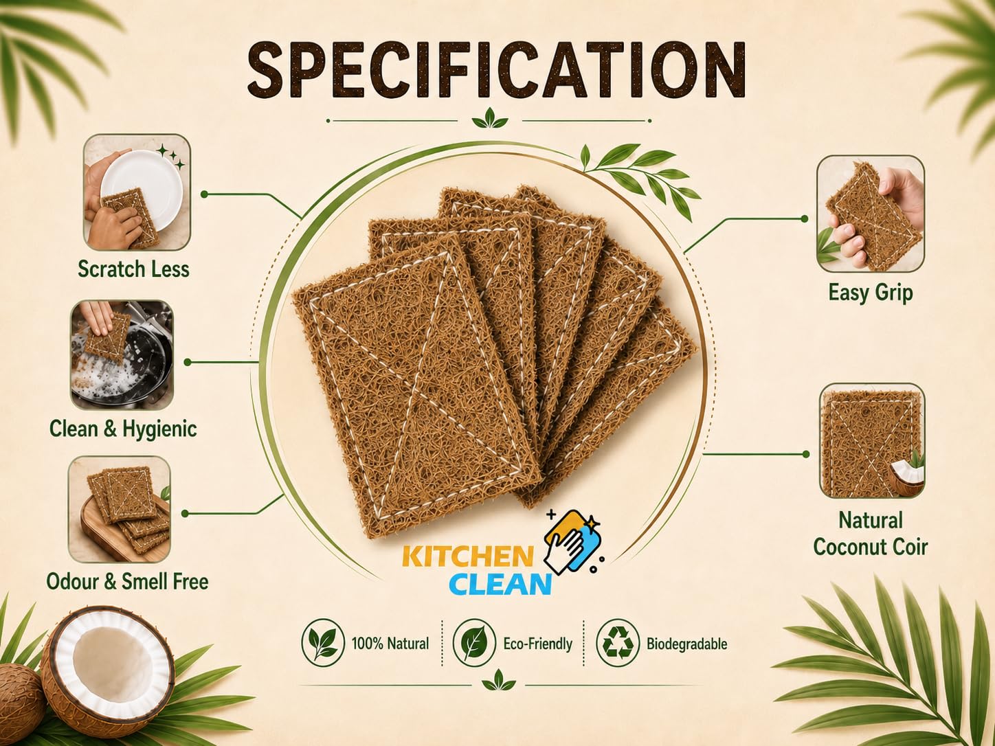 Kitchen Clean Coconut Scrub Pad, Brown, (Small, 3x4 inch, Pack of 10) 3