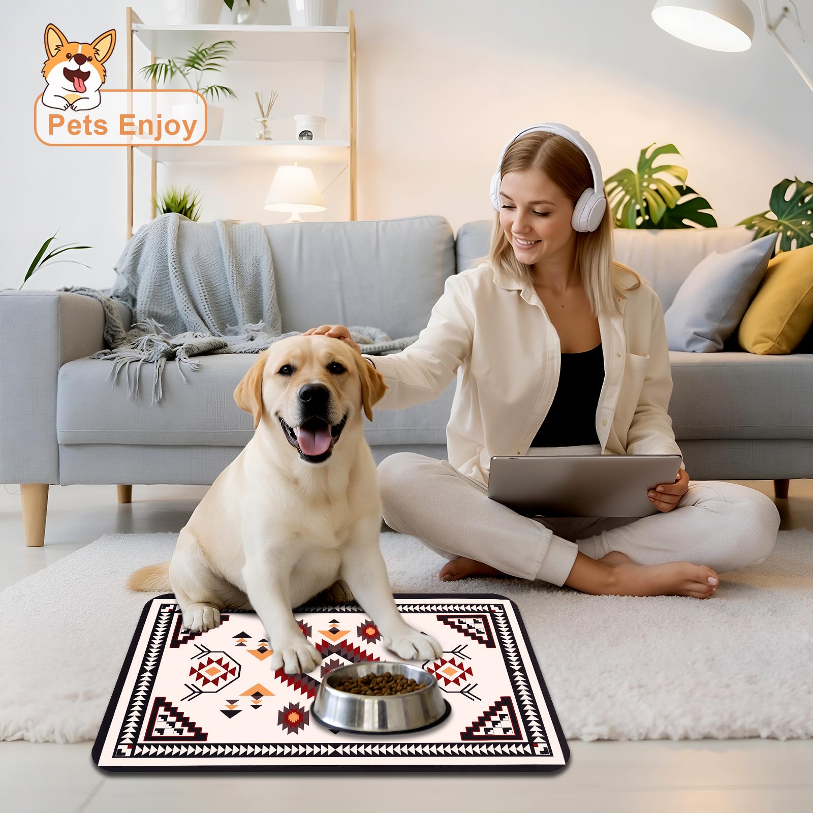 Tapis de nourriture pour chien - Tapis bohème imperméable pour gamelles d'eau et nourriture pour chat - Absorbant à séchage rapide - Tapis antidérapant pour l'alimentation des animaux de compagnie