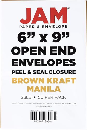 Miniatura 6 de JAM PAPER Sobres de catálogo de extremo abierto de 6 x 9 con cierre de despegar y sellar, color marrón Kraft Manila, 50 unidades