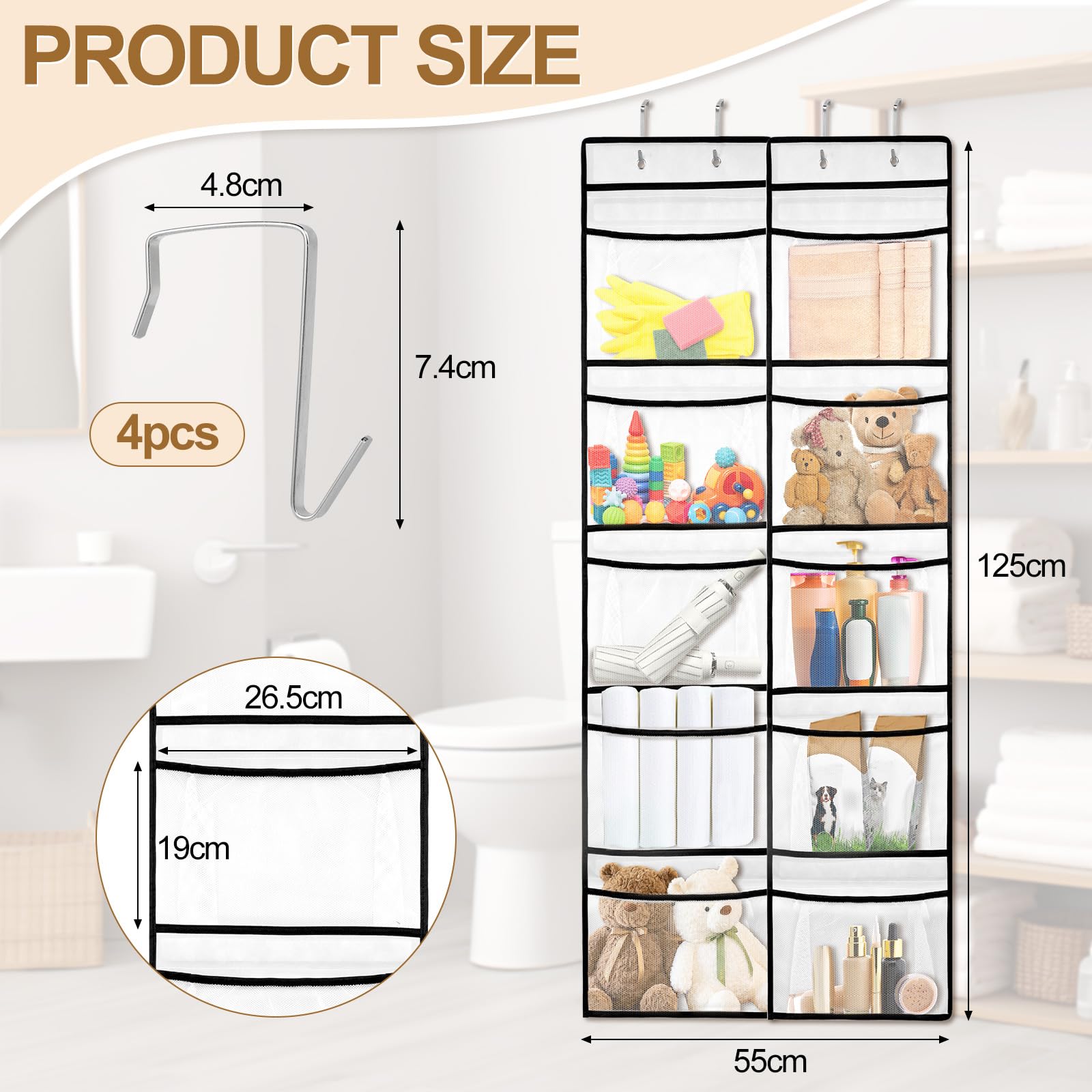 AiQInu Colgando Organizer z 10 kieszeniami z siatki i 4 haczykami, składana półka wisząca, organizer do szafy w akademiku, Baño, Cocina, Oficina (125 x 55 cm)
