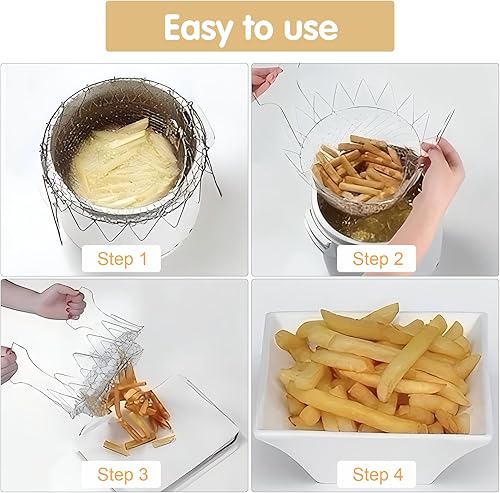 Miniatura 6 de Cesta coladora de malla de acero inoxidable para freír, plegable, colador de alimentos fritos para freír, cocer al vapor, colar, enjuagar (9.1 x 9.1