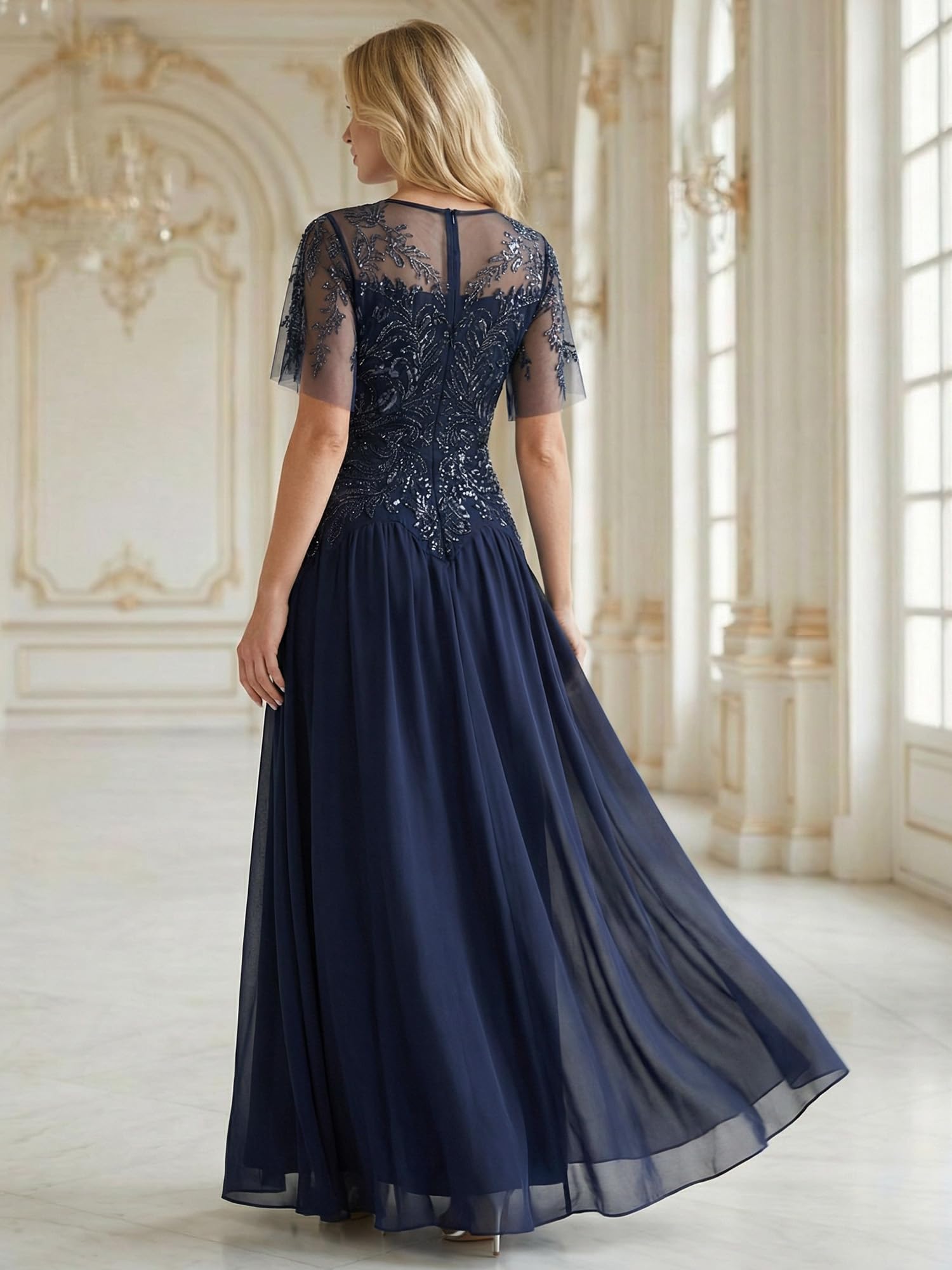 Ever-Pretty Abito Cerimonia Donna Collo Rotondo Maniche Corte Paillente Maxi Gonna Svasata EE02675