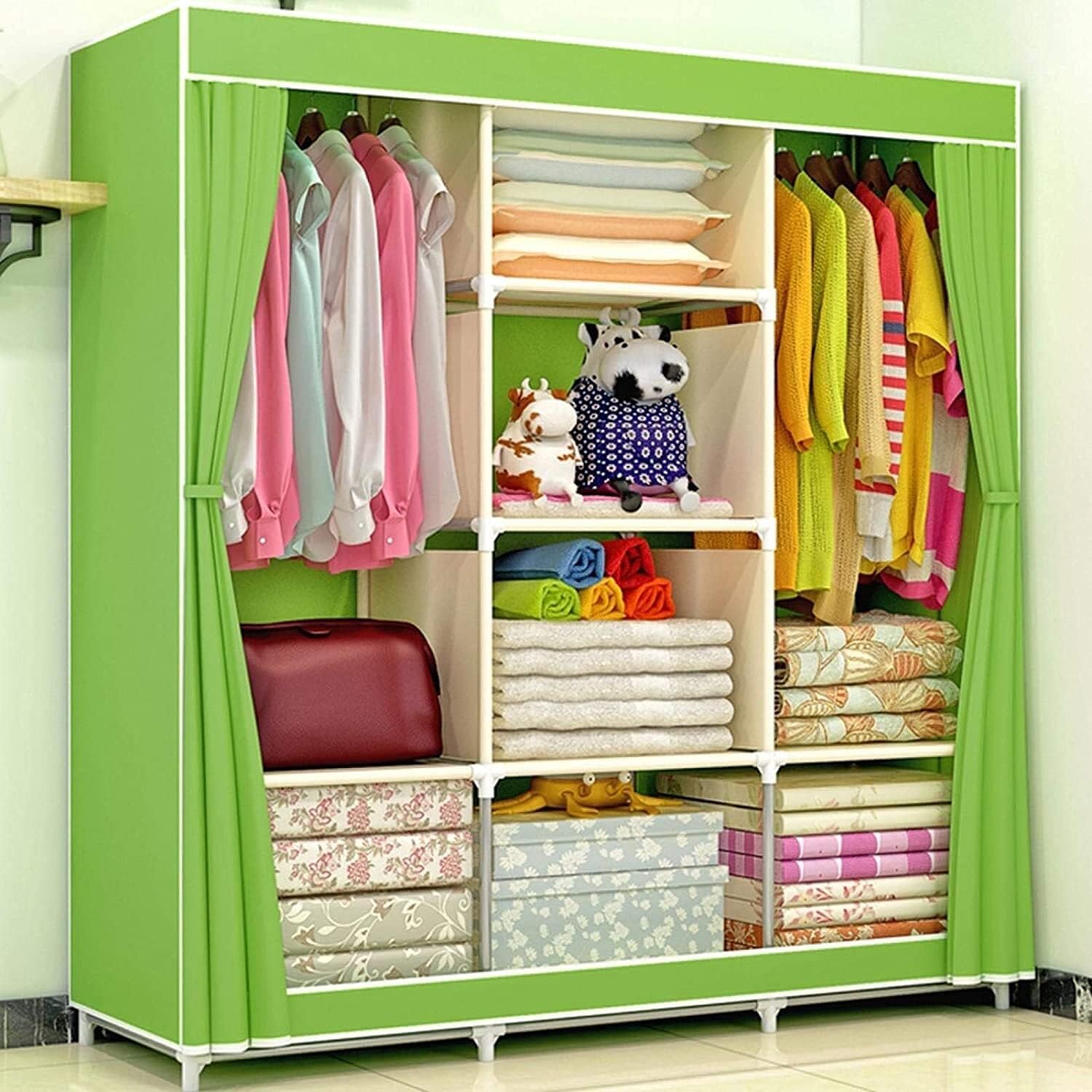 Portable Closet Wardrobe Portable Clothes Storage with Metal Shelves and Dustproof Non-Woven Fabric Cover Household Organizer Shelf