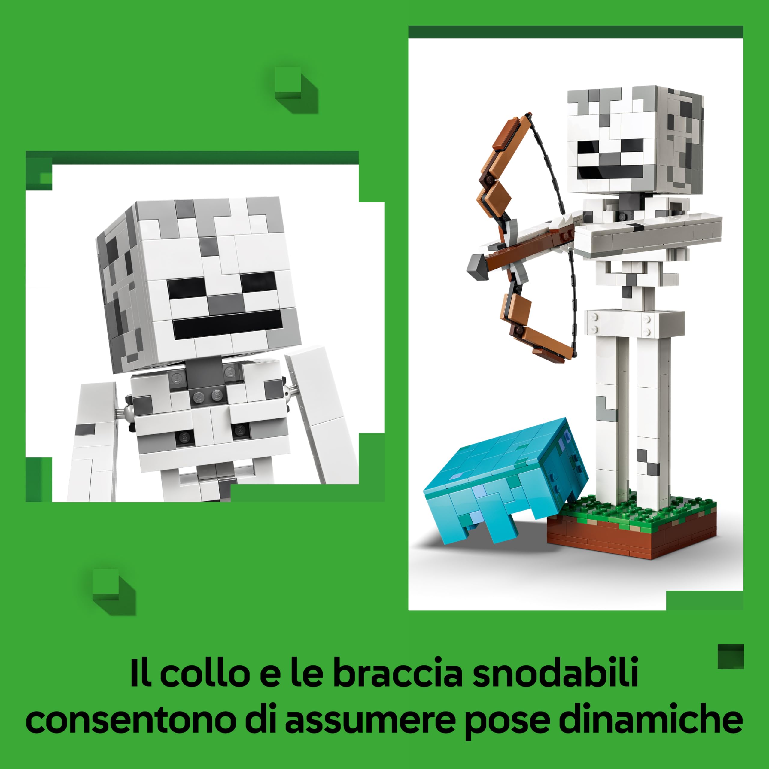 LEGO Minecraft Scheletro Giocattolo - Action Figure di Mob con Elmo di Diamante, Arco e Frecce e Base in Erba - Decorazione Cameretta - Regalo per Gamer, Bambini e Bambine da 10 Anni in su - 21594