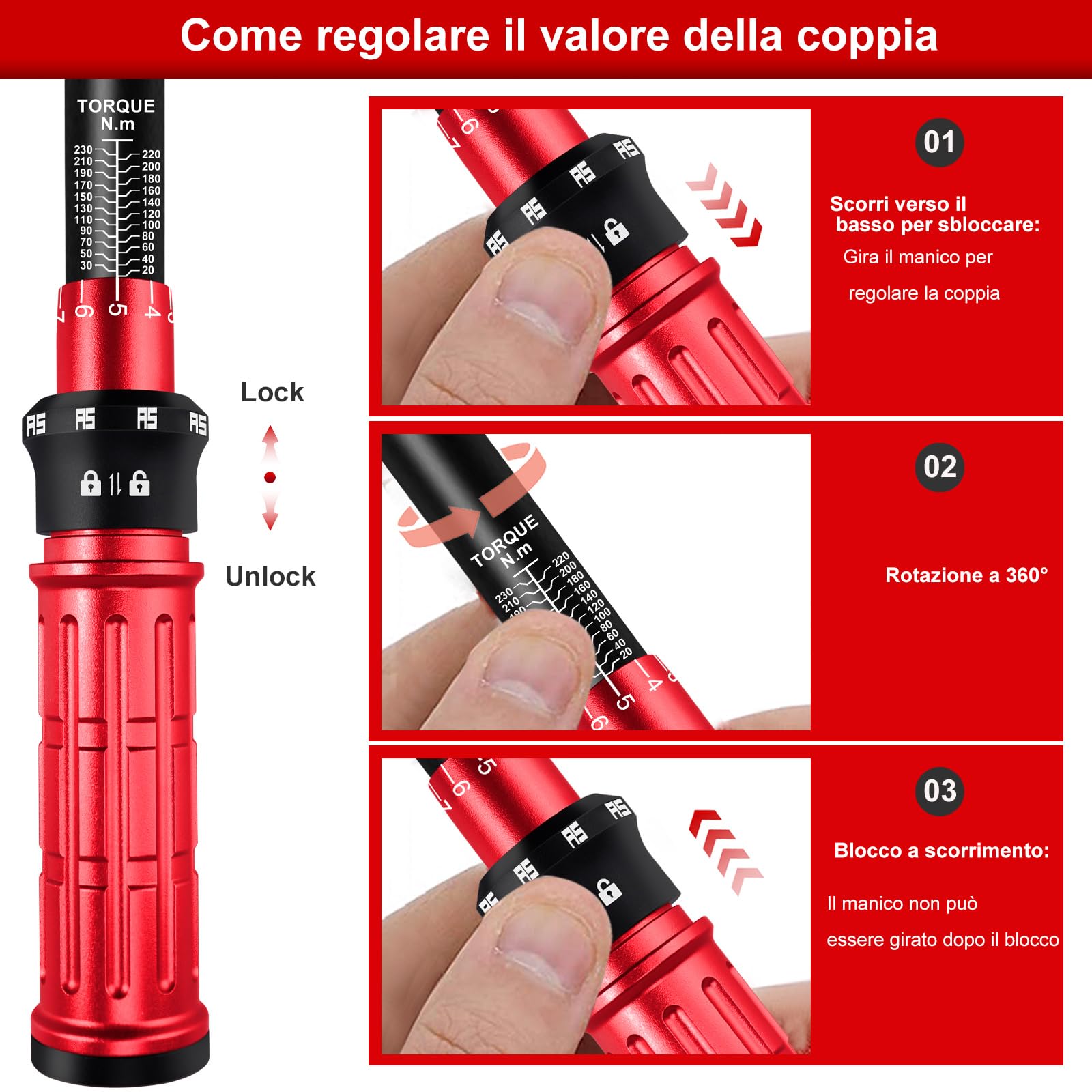 ATsafepro Chiave Dinamometrica Set 1/2'',Chiave Dinamometrica Auto 20-230 Nm/14.8-169.7 lbf.ft，Adattatore da 1/2“ a 3/8'',125mm Barra Prolunga,Precisione ± 3% 72 denti