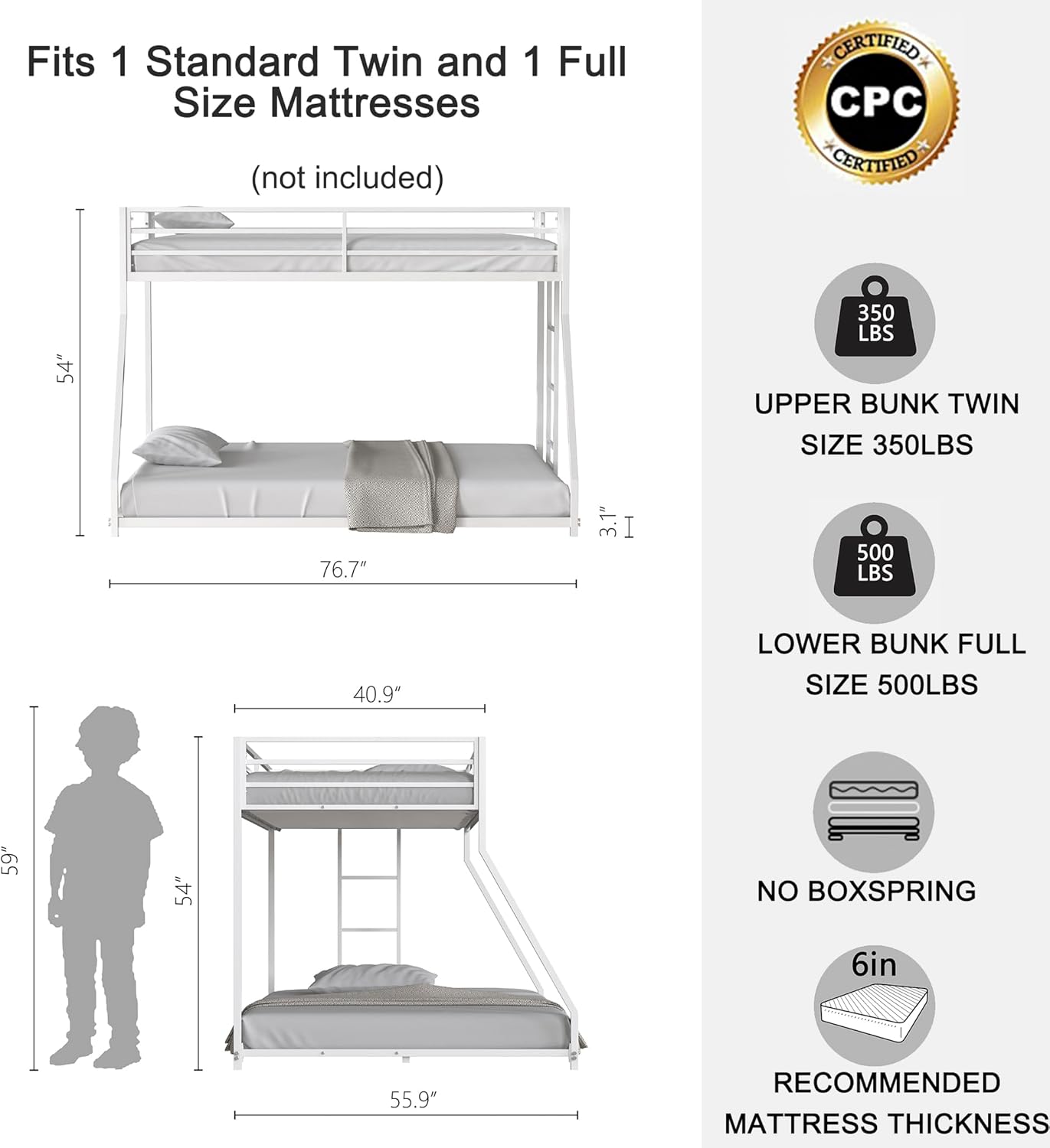 Sturdy Twin Over Full Metal Bunk Bed White, Heavy Duty Low Profile Kids and Adult Bed Frame, Safe Twin Over Twin Bunk Beds for Teens Dorm with Ladder Guardrails