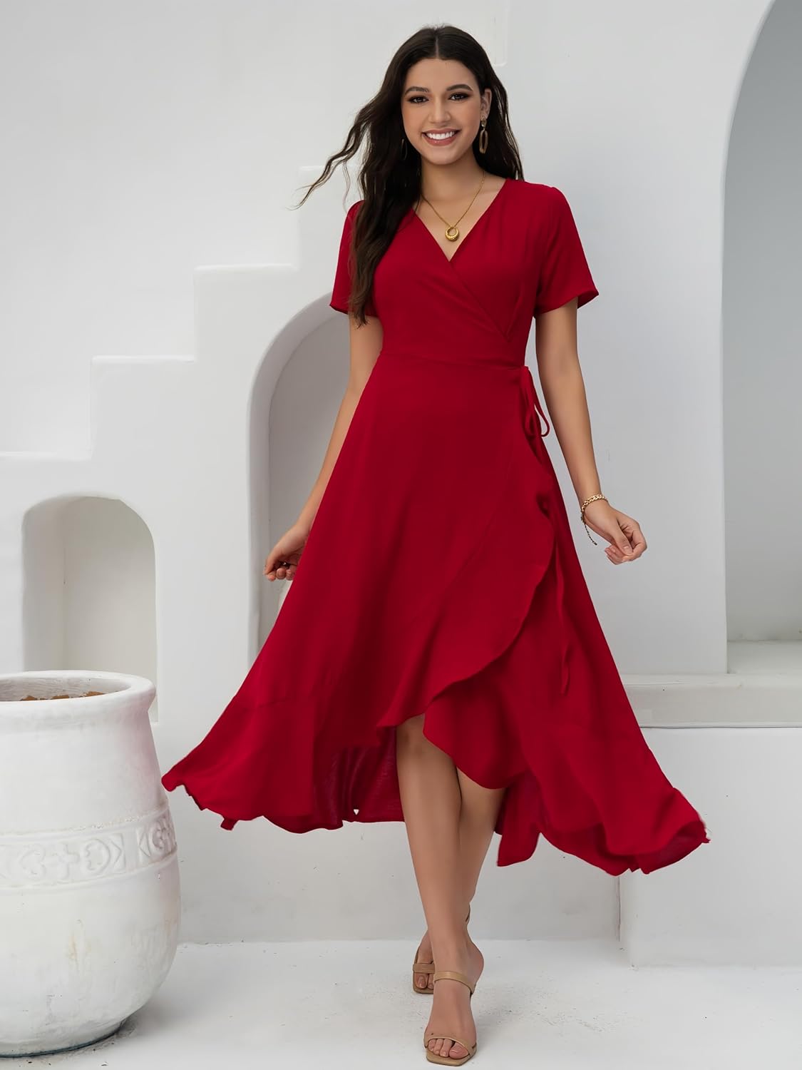 Women's Maxi Dress, Boho Beach Long Dress, Women's Casual Dresses 2025 Summer V-Neck Split Ruffle Short Sleeve - Image 3