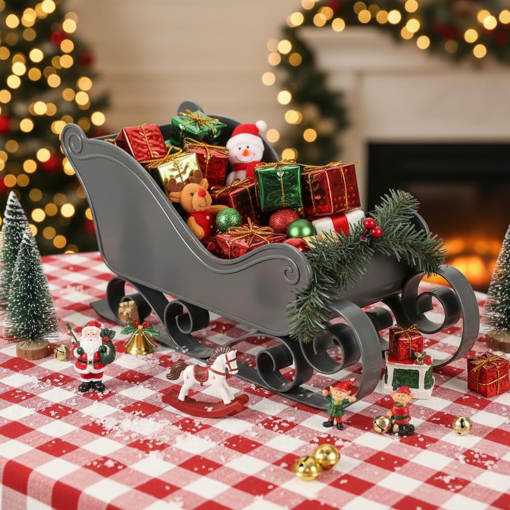 Housoutil Christmas Sleigh Desk Top Decor, Grey Christmas Santa Sleigh Decoration, Plastic X-Mas Mini Sled Ornament for Table Top