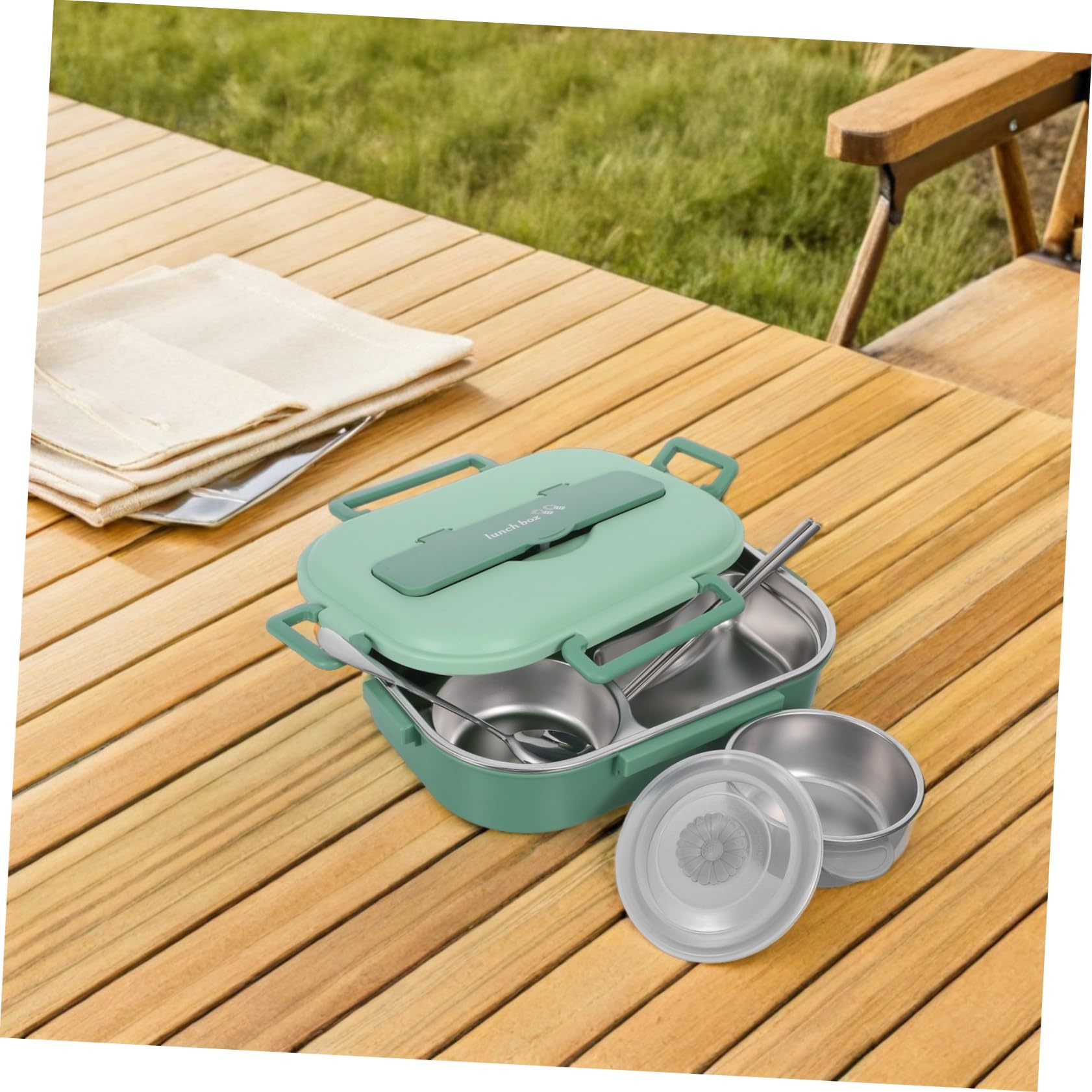 Boîte à Déjeuner Bento 1500ml en Acier Inoxydable Vert, 4 Compartiments