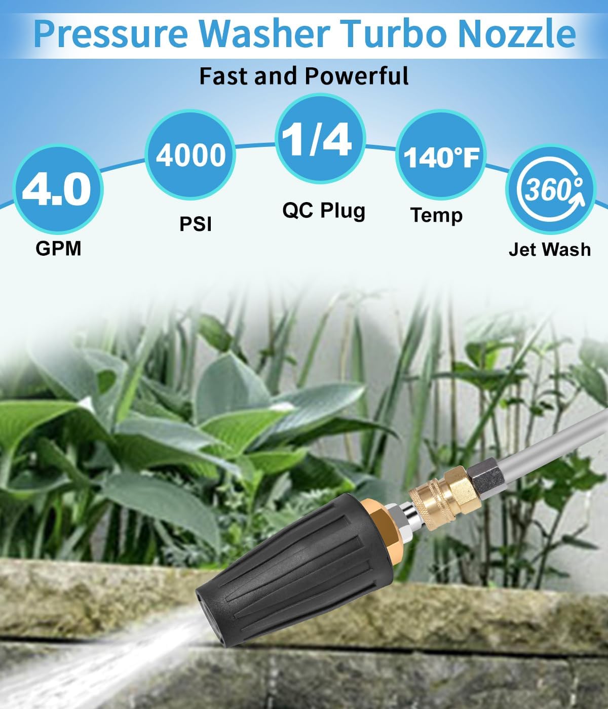 CIMALAB Pressure Washer Turbo Nozzle with 7 Pack Pressure Washer Tips, 4000 PSI, 360 Rotating Turbo Valve with 1/4 Inch Quick Connector for Cleaning Brick, Concrete Surfaces