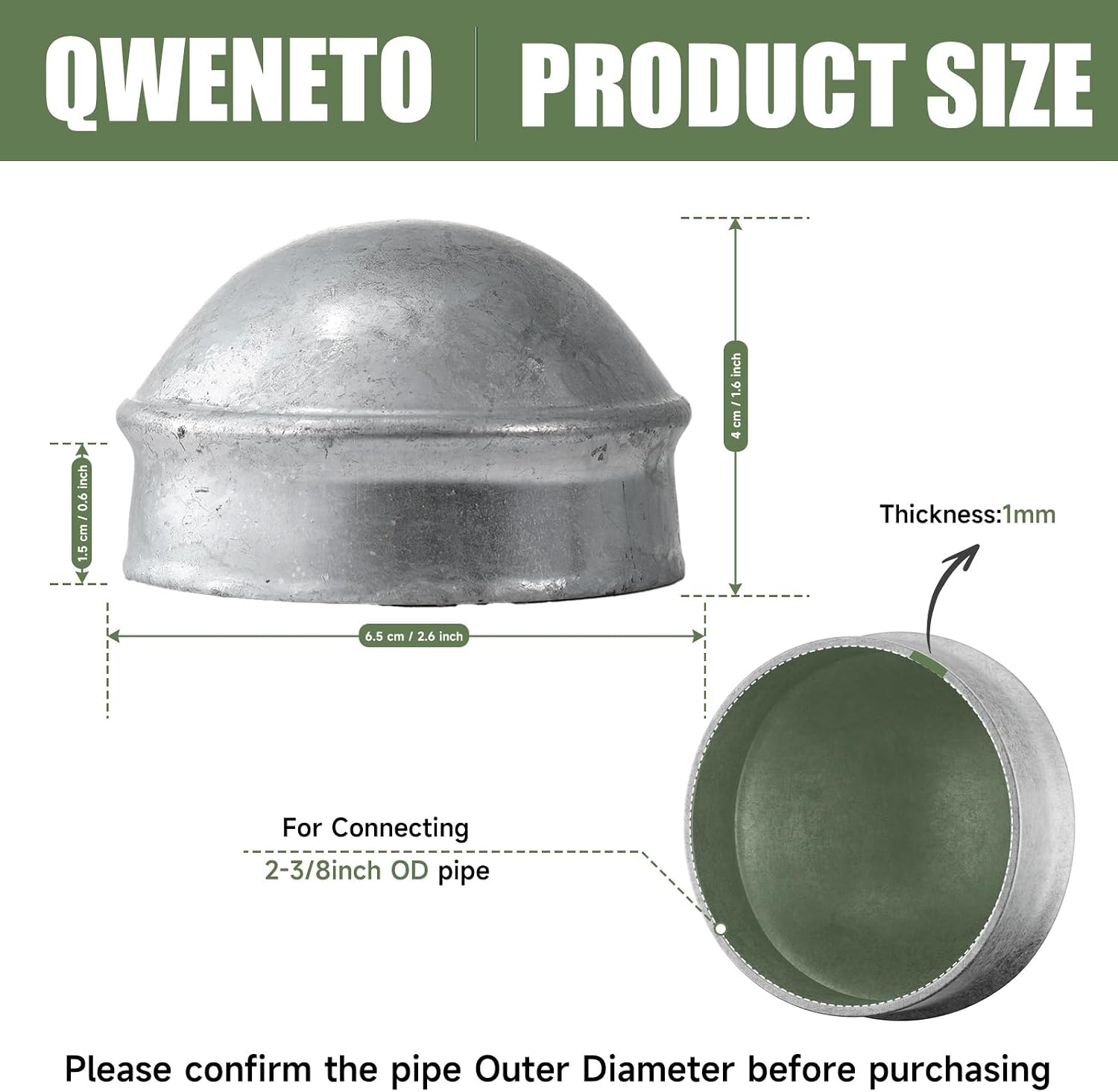 2-3/8" Chain Link Fence Post Cap, Galvanized Steel Round Dome External Post Caps, for 2-3/8" OD Top Rail Pipe (20Pcs)