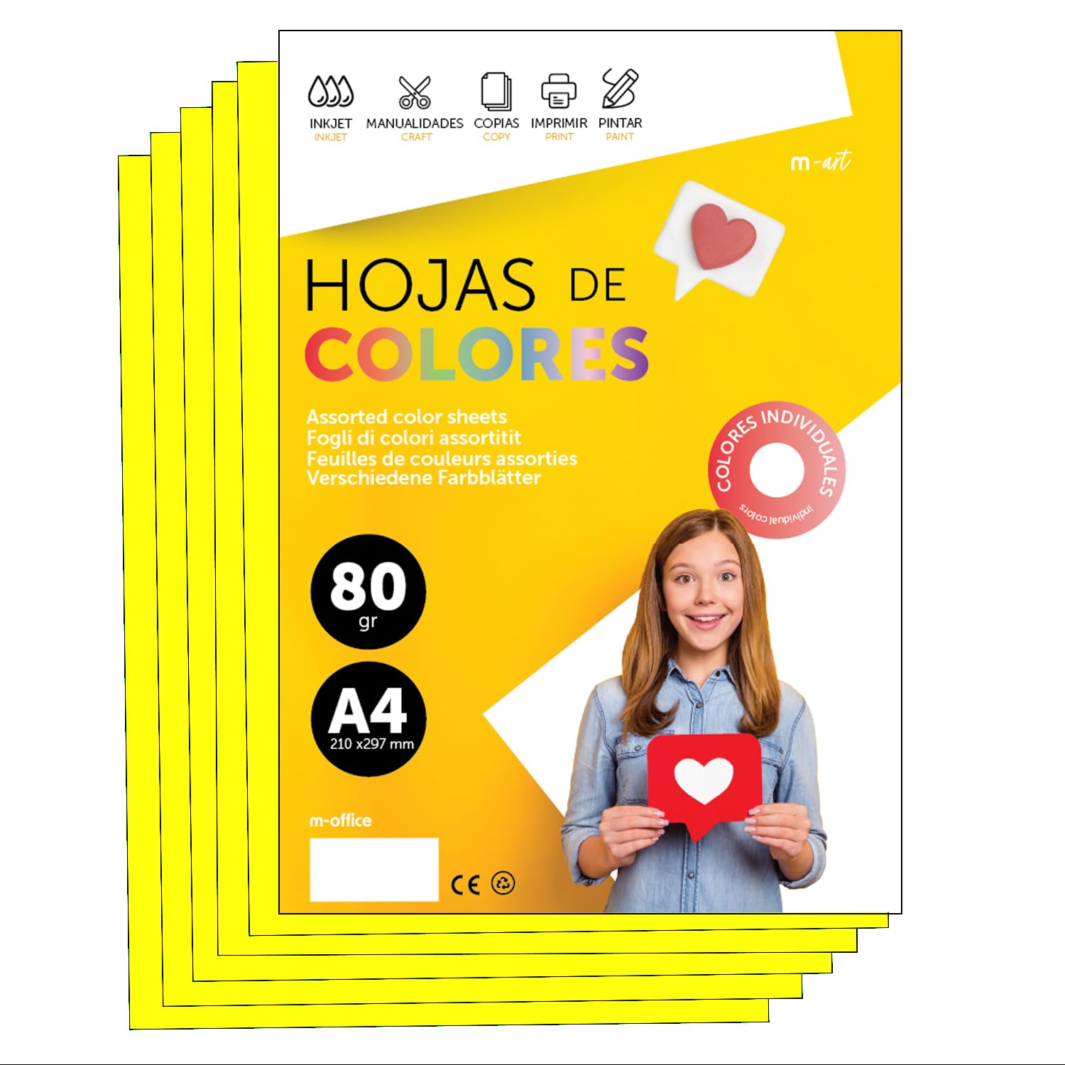 m-Office A4 80 g Coloured Paper for Printers and Crafts, Assorted Paper for Children, Pack of Colours for Cards, School and Creative Projects · m-Office (250h, Fluorescent Yellow) — image 1
