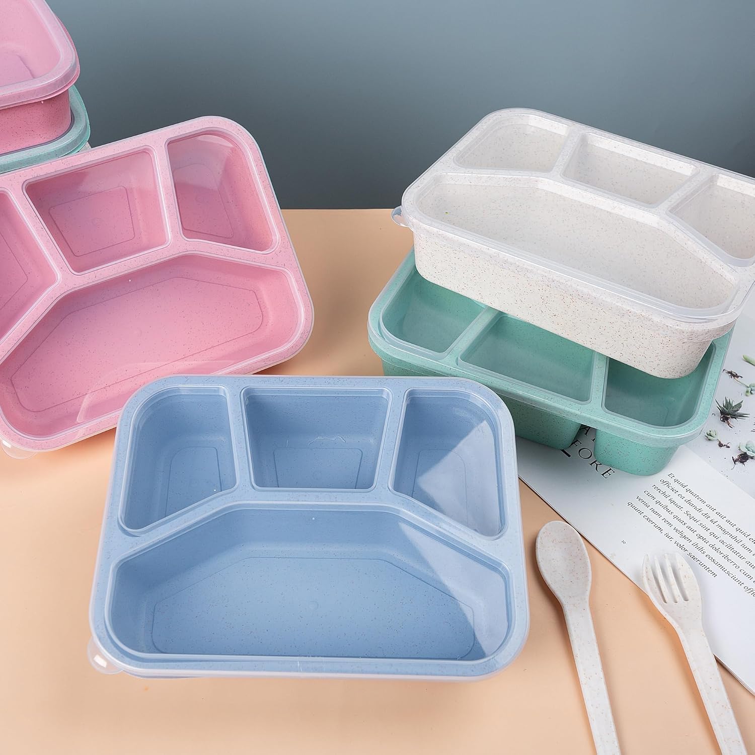 Bento Box z 4 przegródkami, bezpieczny pojemnik na żywność dla dzieci, dorosłych, idealny do szkoły, pracy, podróży (biały, różowy, niebieski, zielony)