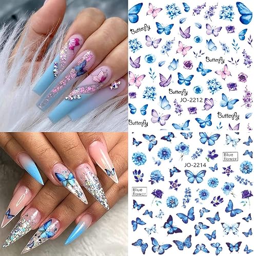 Miniatura 4 de 8 hojas de calcomanías de mariposa para uñas, autoadhesivas 3D, color rosa y azul, coloridas alas de mariposa, calcomanías de diseñador para mujeres