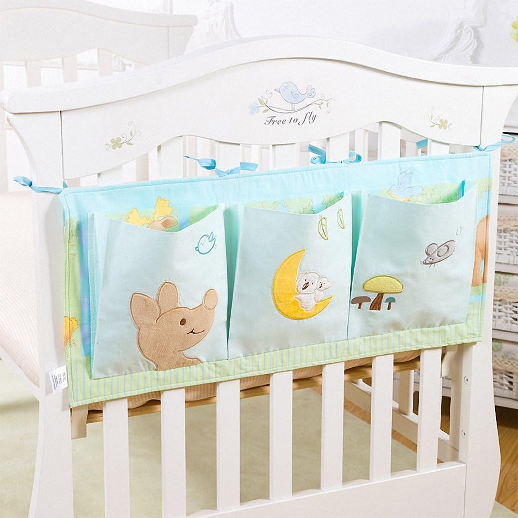 IDecHome Nursery Diaper Hanging Bed Organizer, 100% Cotton Three Pockets Bedside Caddy for Baby Crib, Shower Gift, Animals