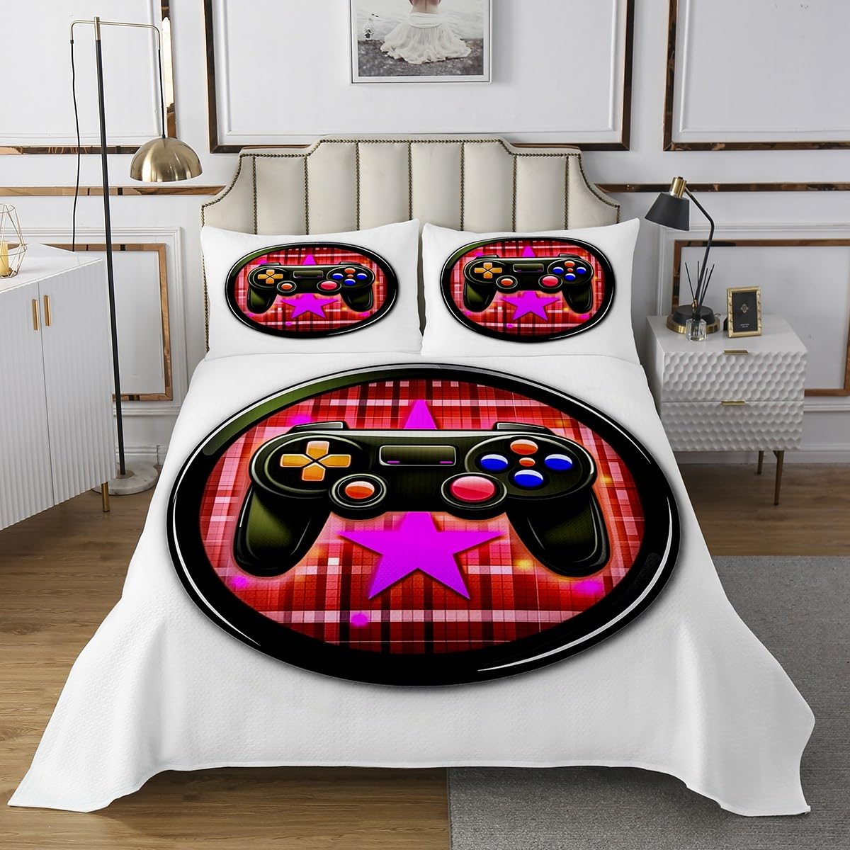 jejeloiu Kids Modern Game Console Controller Bedspread Twin Size Red Gamer Quilted Coverlet for Boys Girls Teens Gaming Coverlet Set Game Room Decor Breathable Soft Lightweight 2Pcs