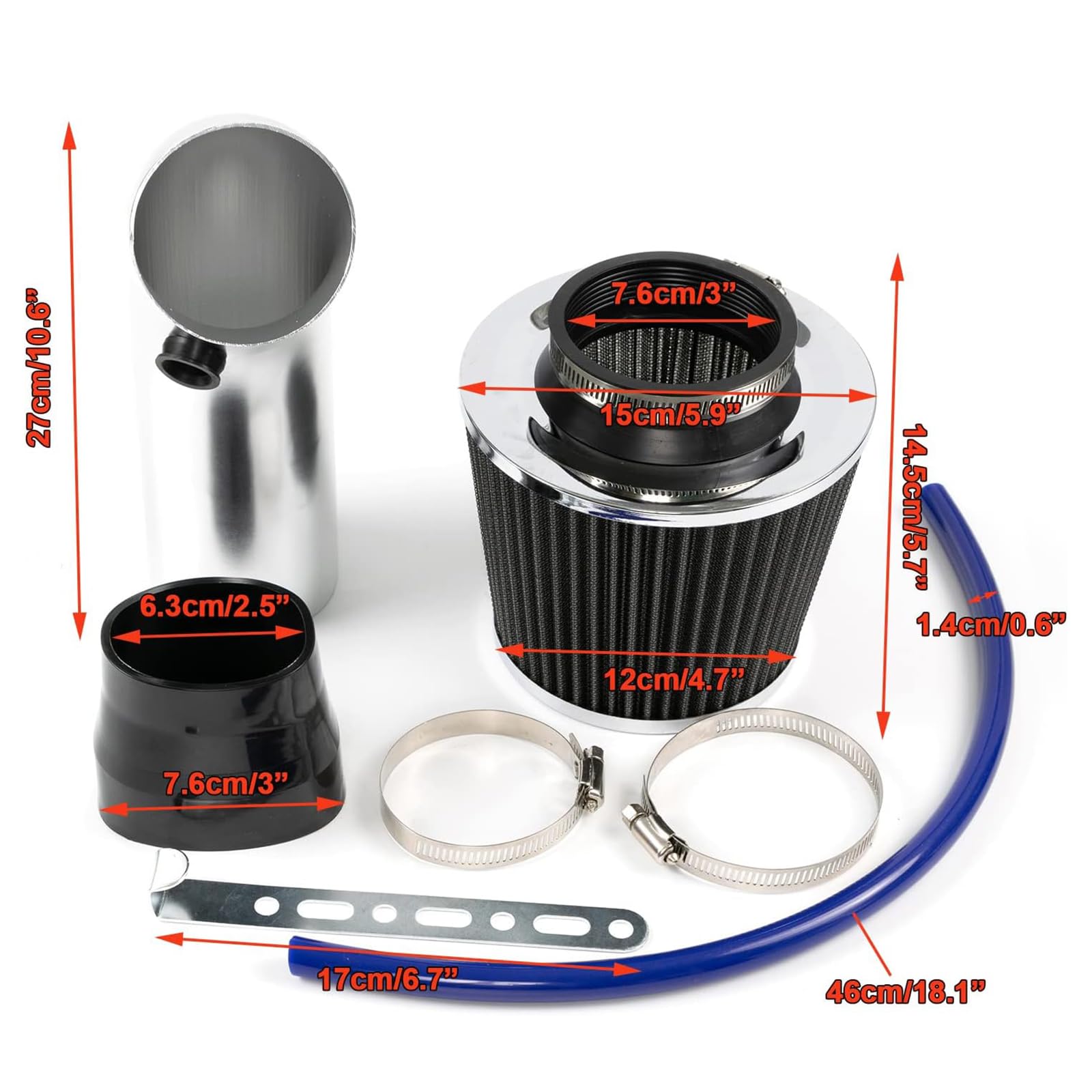 Kit filtro di aspirazione aria fredda – Kit di induzione dell'aria da 3" 76mm, filtro a cono universale performance con tubo in lega di alluminio, sistema di tubi flessibili di aspirazione per