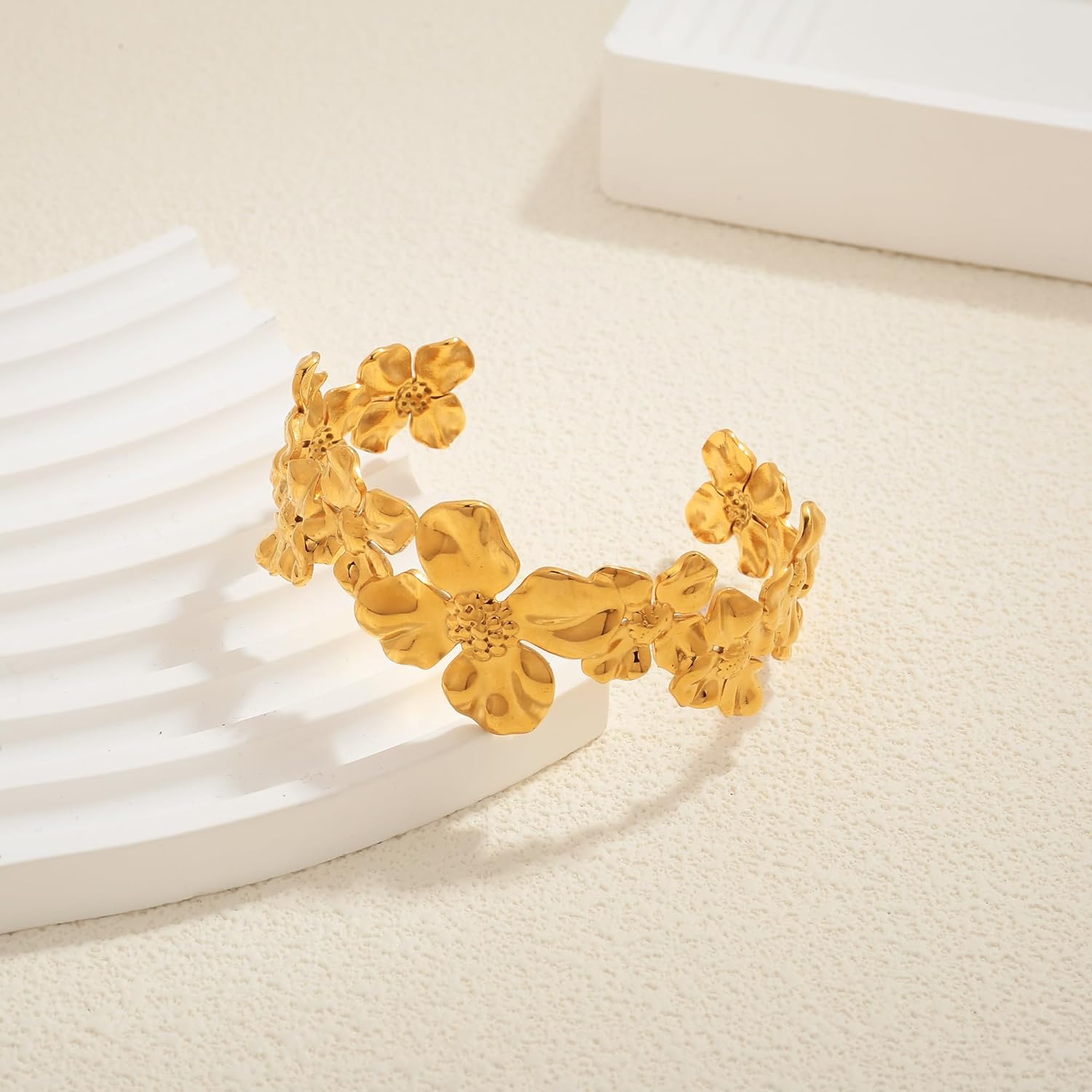 WOWORAMA Gold Flower Bracelets for Women Irregular Flower Cuff Bracelet Boho Vintage Gold Statement Bracelet Chunky Hammered Floral Bangle Bracelets - Image 5