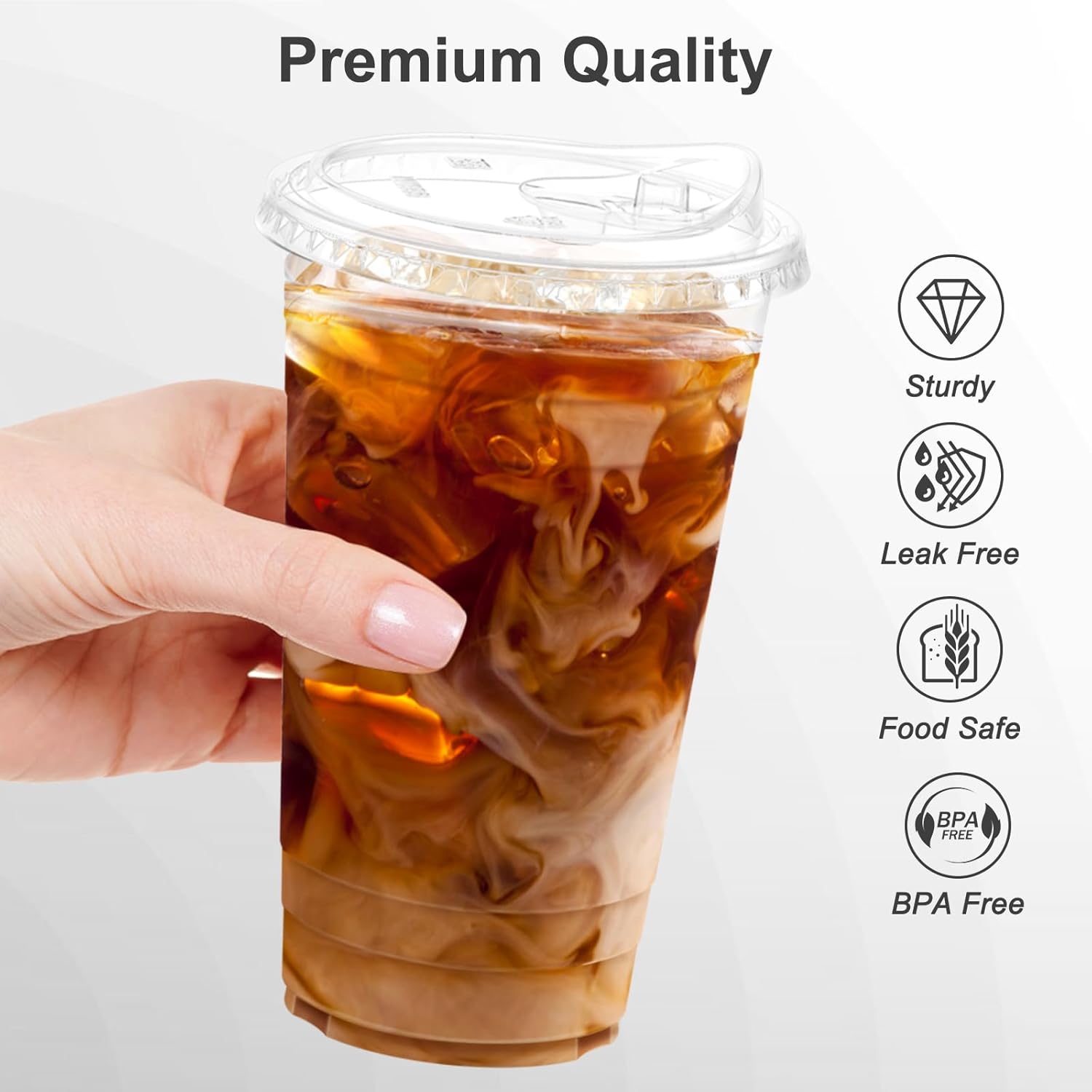 Dealusy 100 Pack - 24 oz Clear Plastic Cups with Lids, Sturdy & Food Safe Iced Coffee Cups with lids, Disposable Plastic Smoothie Cups for Cold Drinks, Sip Lids