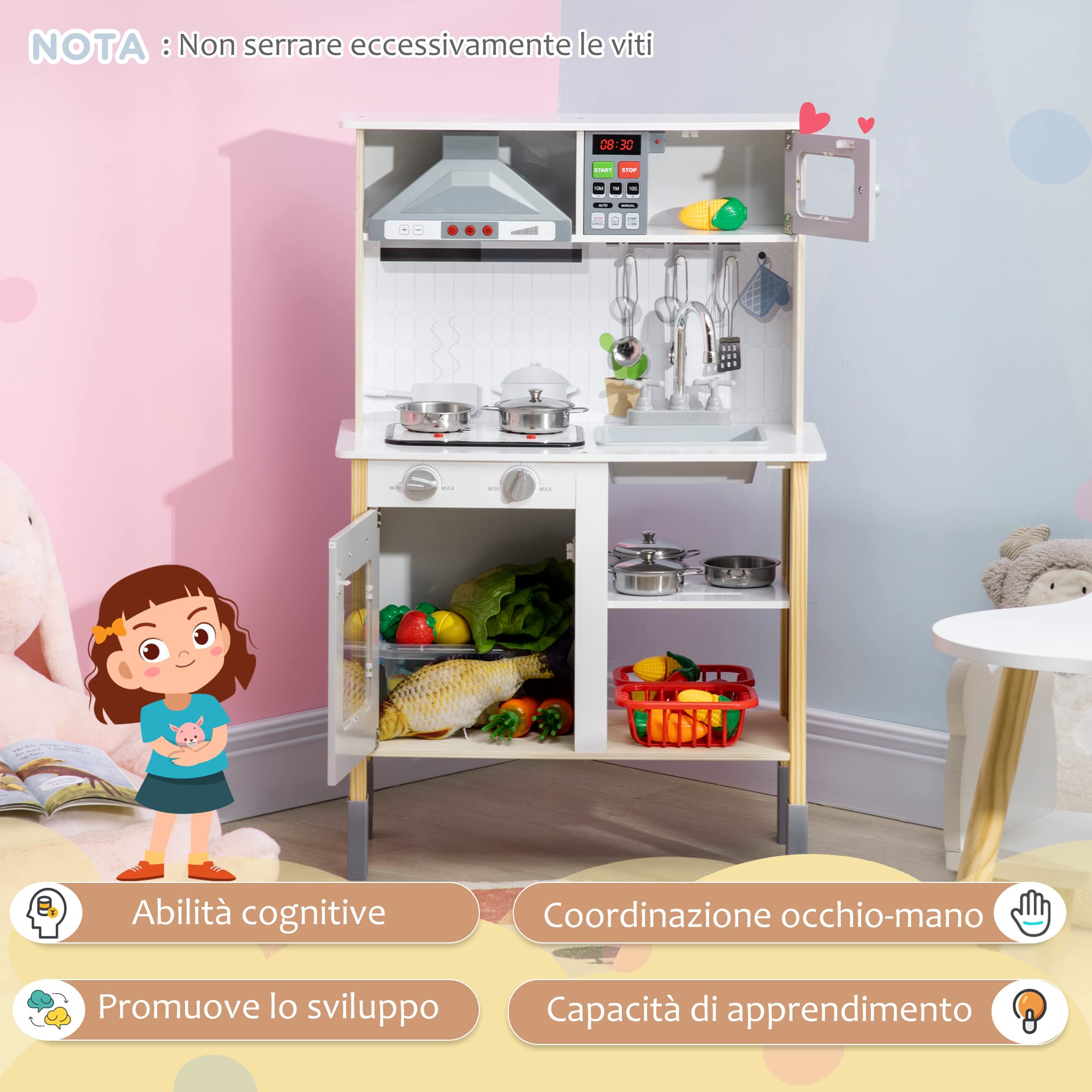 HOMCOM Cucina Giocattolo per Bambini Luci 60x30.5x93.2 cm Grigia e Bianca